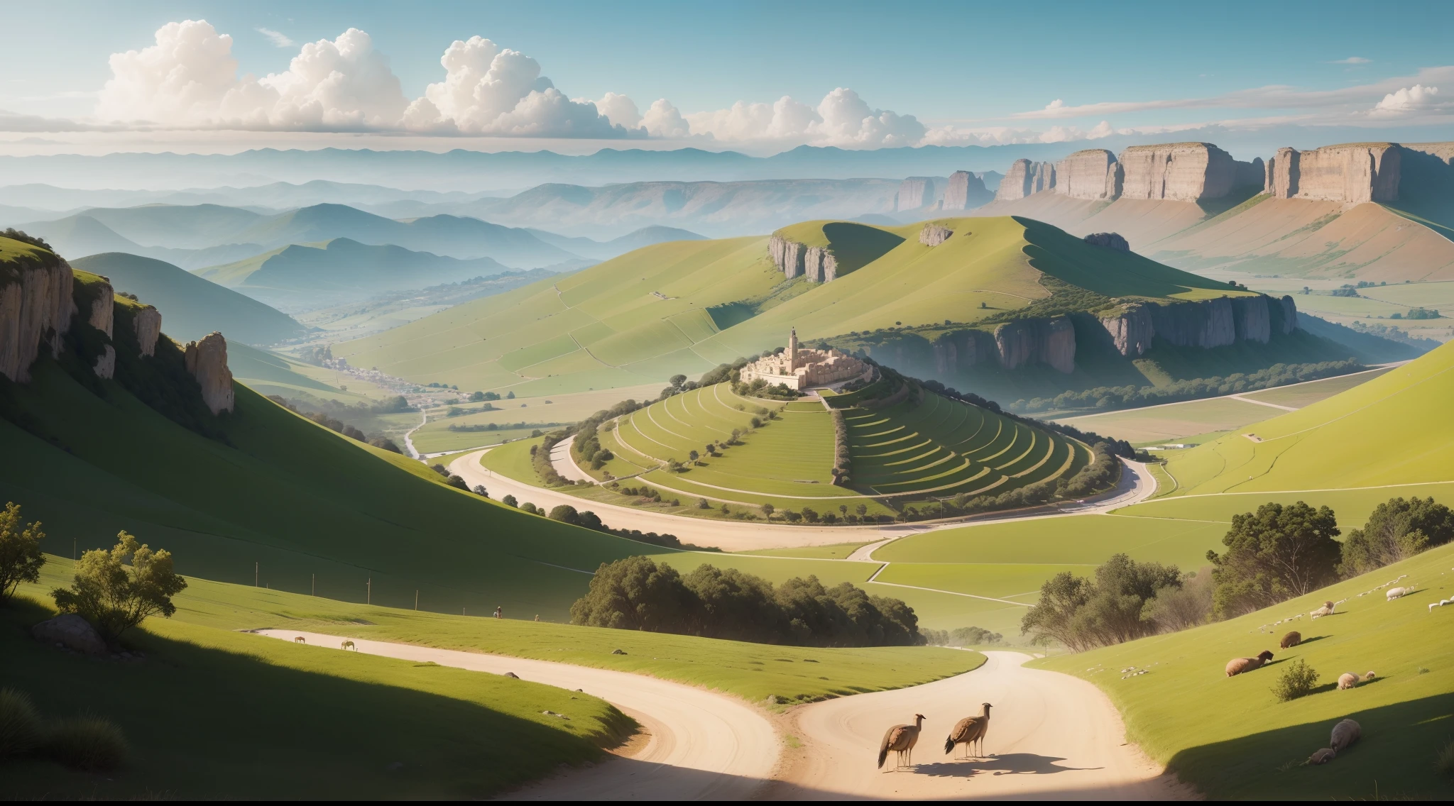 Images of the Biblical landscape, campos verdes e pastores cuidando de suas ovelhas e carneiros