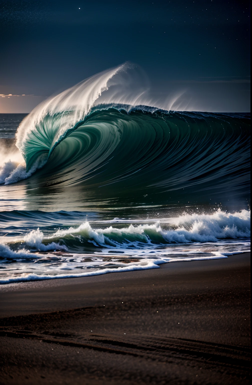 Top image quality,On the silver sand,the ocean,Blues moments,the night,starrysky,Dark blue sky,low angle shot,Huge waves,Ten-meter high waves,Frontal photo,On the beach