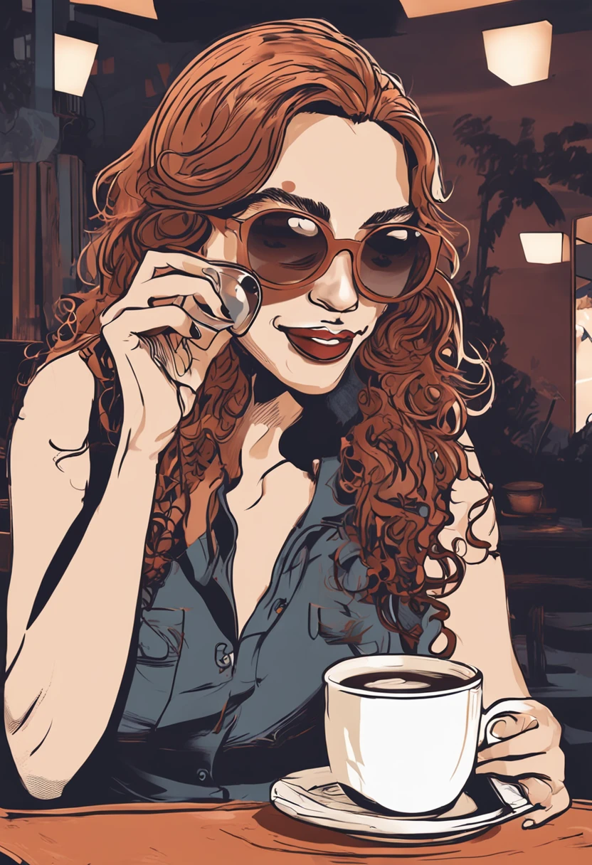 de cabelos pretos, with black eyeglasses, olhos castanhos escuros, sorridente, anime, sipping coffee