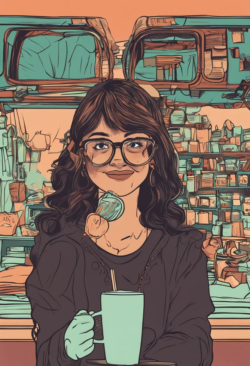 de cabelos pretos, with black eyeglasses, olhos castanhos escuros, sorridente, anime, sipping coffee