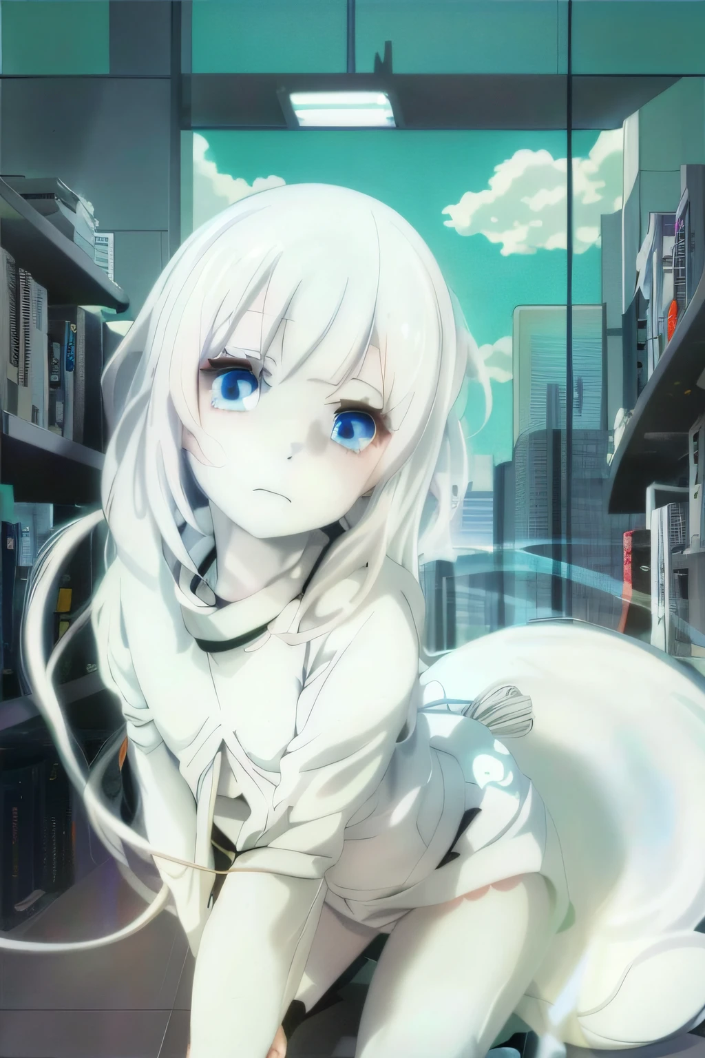 Anime girl with white hair and blue eyes, teens girl, style of anime4 K, Girl with white hair, with huge luminous sad eyes, Smooth anime CG art, girl with white eyes, Anime style. 8K, nightcore, hd anime wallaper, silver eyes full body, anime visual of a cute girl