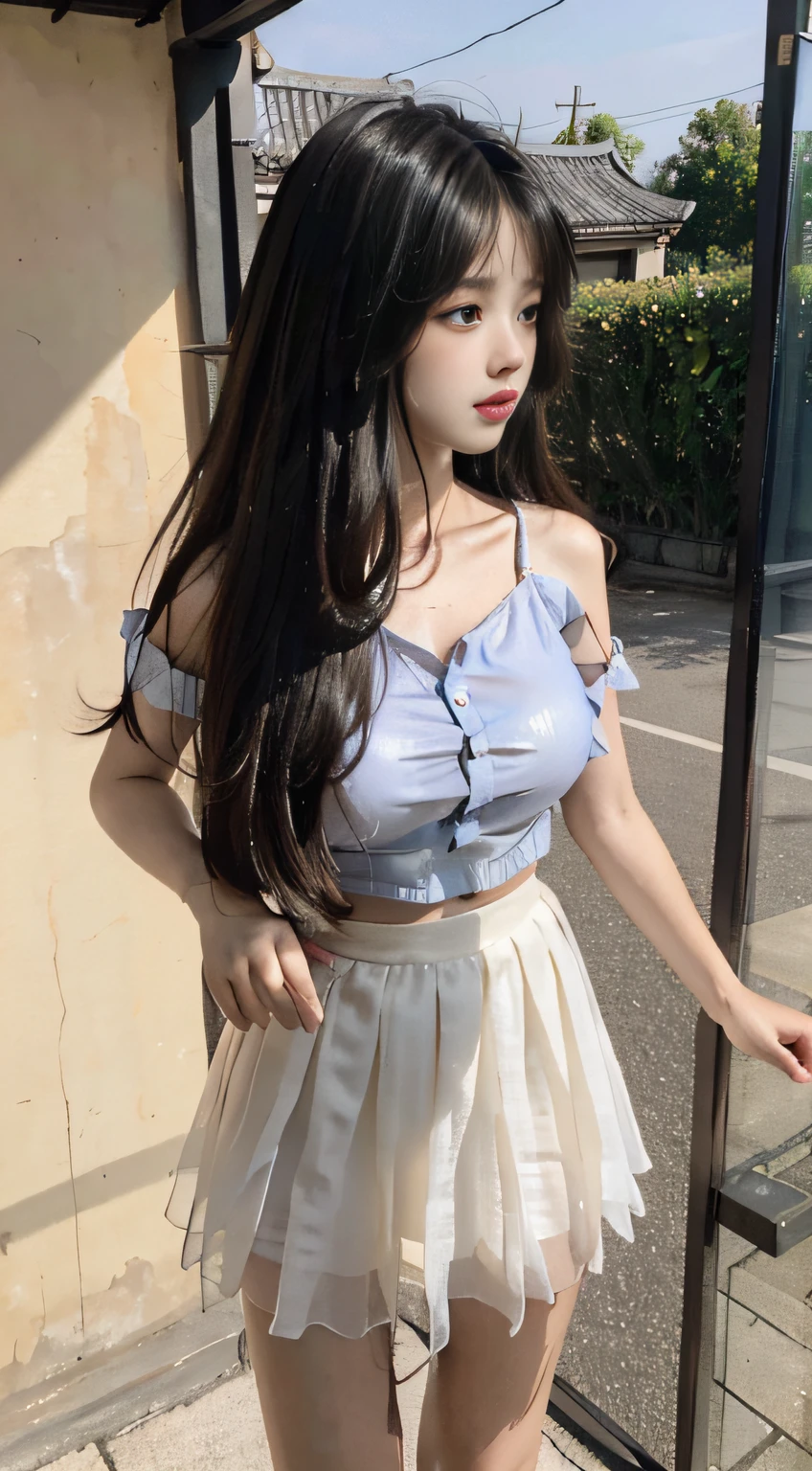 Girl posing for photo in Japanese school uniform, summer, classroom, moist skin, air bangs, big and clear eyes, slightly curly shoulder-length hair, cute, upper body, abdomen, blue and white, streamers, blue short skirt, suspender stockings, slave neck ring, slim figure, oversized bust, slim girl model, 18-year-old female model,