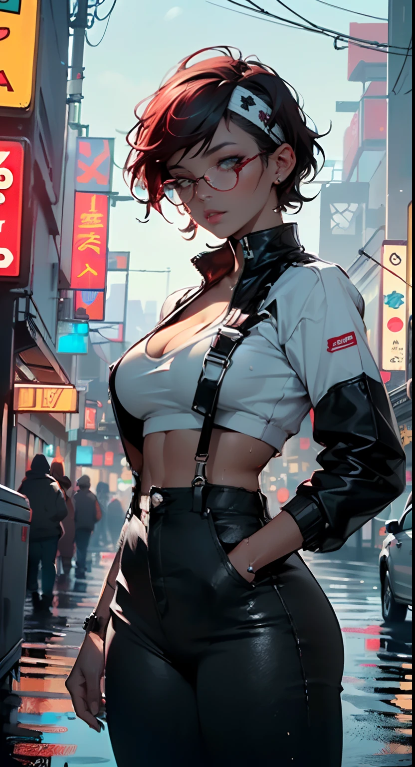 mechanical girl,(1girl: 1.3),((1 black girl with extremely cute and beautiful red hair)),((((black race)))),
(big breasts: 1.4),sagging breasts,(((short red hair: 1.35,cropped,redhead,very short hair)),((heterochromia:1.5,eye1 red,eye2 white,perfect eyes,rolled eyes up: 1.3,beautiful detailed eyes,finely detailed beautiful eyes: 1,big highlight on eyes: 1.2)),(fat: 1.2),((((tan,dark skin,black skin:1.35,dark-skinned_female,dark skin:1.3,ebony skin,lustrous skin:1.5,bright skin: 1.5,shiny skin,very shiny skin,shiny body,illuminated skin,wet legs)))),(spider lower abdomen,narrow waist,wide hip ,athletic body,inflated legs,delicate and detailed fingers,hand with only five fingers,detailed body,human hands,(detailed face)),(((muscle legs,muscular thighs,muscular girl))),(strong and muscular,bodybuilder,strong body,muscular,feminine and muscular),(huge stature,tall stature,very tall girl),
cute,slutty,sensual,seductive look,seductive,erotic,enchanting,(((nsfw))),
(fitted overalls: 1.3,suit unbuttoned),((mechanical tools on his clothing)),(((huge cleavage))),(((transparents goggles in your hair))),((wet clothes,detailed outfit,detailed clothes)),
(dynamic pose:1.0),embarrassed,(centered,scale to fit dimensions,Rule of thirds),
cyberpunk city by the ocean at night, with bright neon signs and dark stormy clouds and puddles,
High resolution, sharp focus, (ultra detailed, extremely detailed), (photorealistic artwork:1.37), 8k wallpaper,((synthwave background theme)),((vibrant colors)),(intricate),masterpiece,(best quality),