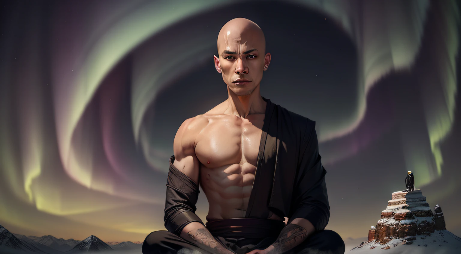 Bald monk, he has two normal eyes, on the peak of a mountain meditating, his expression is calm and full, He is looking with both eyes the camera, in the background, a brilliant aurora borealis style, Perfect artwork, master piece, best quality, high, layered lighting -- 4K