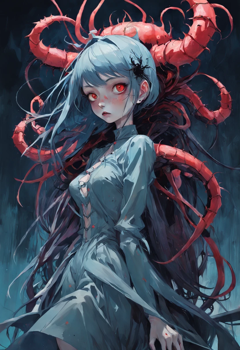 There is ugliness in beauty, But there is also beauty in ugliness. Spiderlady. Spiders. In the style of Adrian Ghenie, Esao Andrews, Jenny Saville, Edward Hopper, surrealism, Dark Art par James Jean, Takato Yamamoto, Minimalisme inkpunk. Tim Burton. In the style of Corpse Bride.