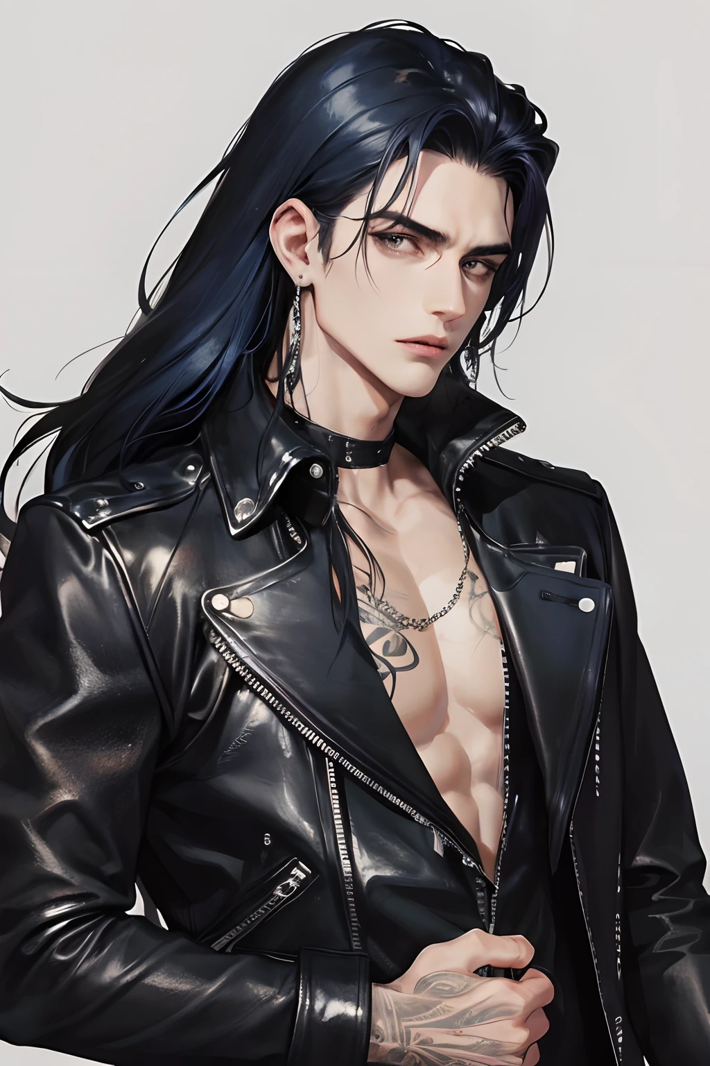 photography of a heavy metal star, a solo man, 25 years old, singer, microphone, black eyes, expressive look, long dark blue black hair, straight hair, blueshine hair, unshaven, ceoss solver earrings in ears, black leather jacket, leather pants, chest tattoo, super detailed face, perfect body, perfect shapes, realistic image, award winning photography, 8k,