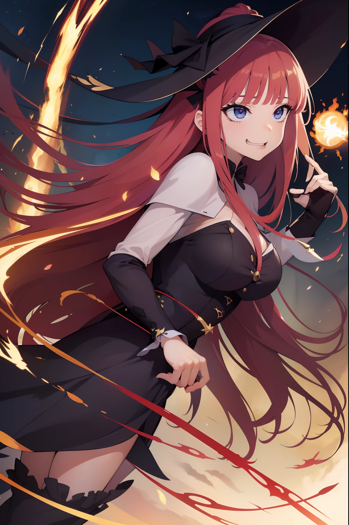 ahg
rolling eyes
tongue,masterpiece, best quality, absurdres, novel illustration, 1girl, young, long hair, cinematic composition, cinematic angle, (dynamic pose:1.3), witch costume, hat, magic wand, fireball, magic, (casting spell:1.3), night, dark forest, bats, evil grin