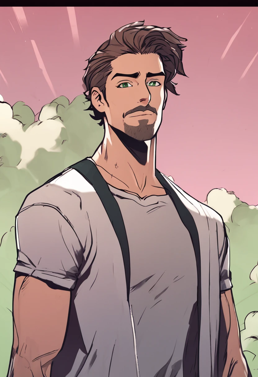 90s anime style, tall brunette boy, green eyes, muscles, aesthetically pleasing, facial hair, simple