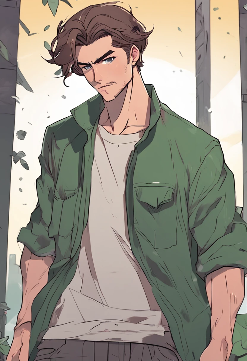 90s anime style, tall brunette boy, green eyes, muscles, aesthetically pleasing, facial hair, simple
