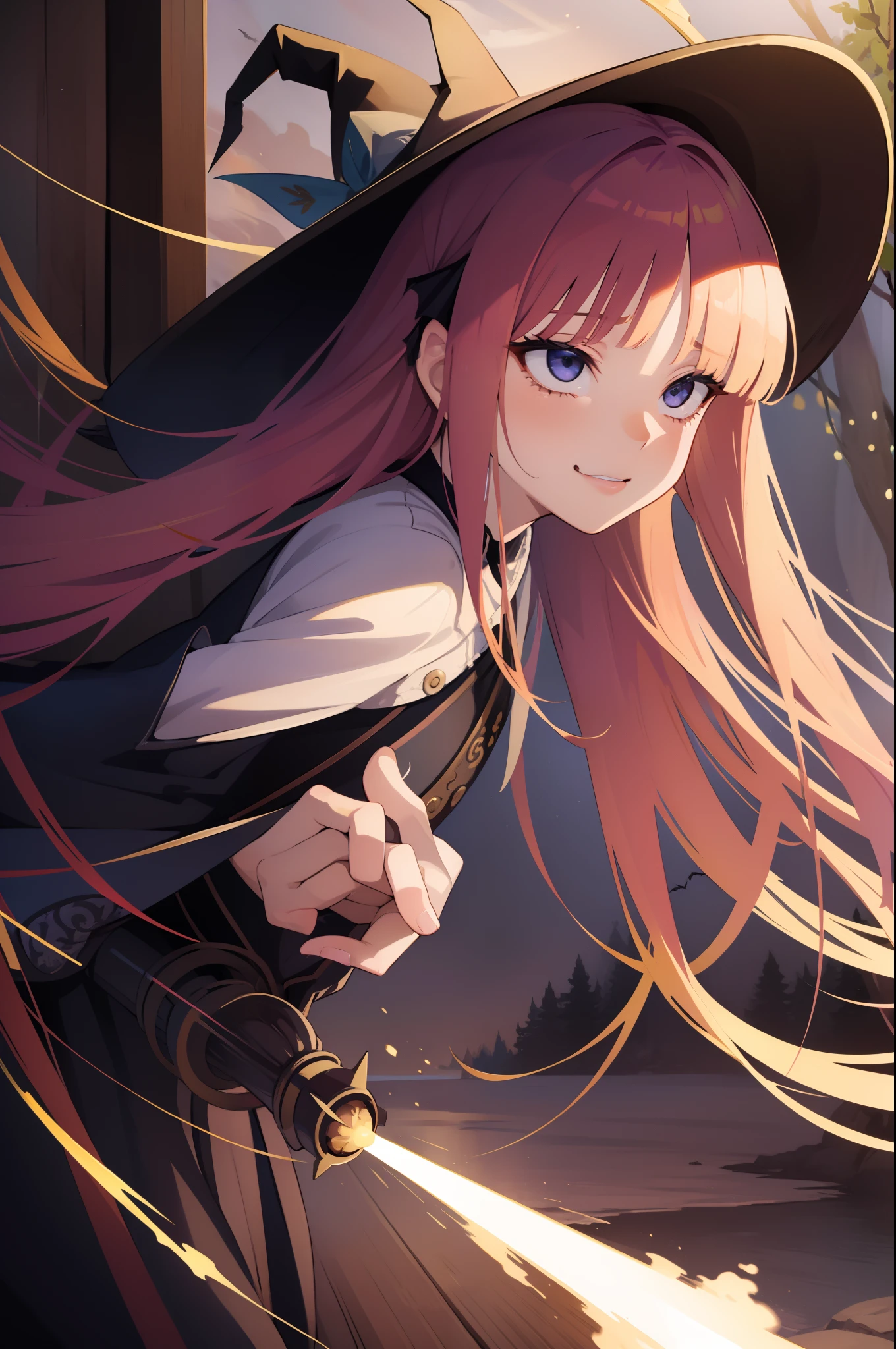 ahg
rolling eyes
tongue,masterpiece, best quality, absurdres, novel illustration, 1girl, young, long hair, cinematic composition, cinematic angle, (dynamic pose:1.3), witch costume, hat, magic wand, fireball, magic, (casting spell:1.3), night, dark forest, bats, evil grin