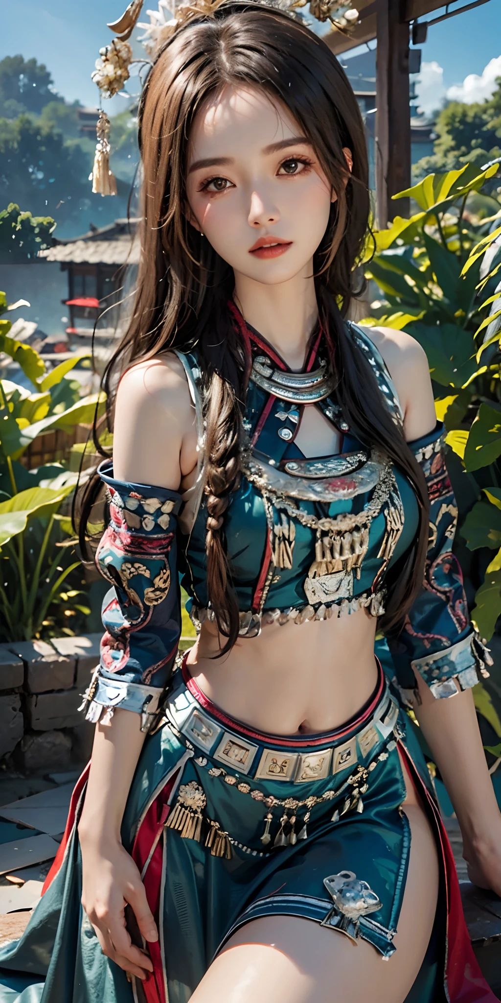 photorealistic, high resolution, soft light,1women, solo, hips up, shining skin, (detailed face), plateau,blue sky,rice fields,extreme detailed,torogao, hmong clothes, crown