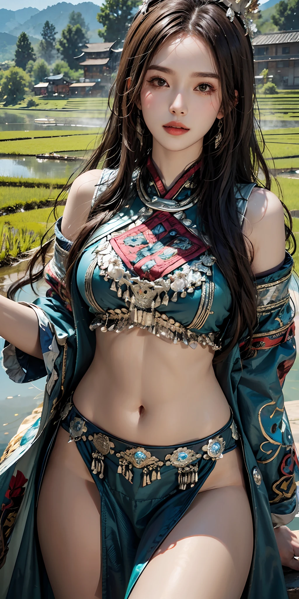 photorealistic, high resolution, soft light,1women, solo, hips up, shining skin, (detailed face), plateau,blue sky,rice fields,extreme detailed,torogao, hmong clothes, crown