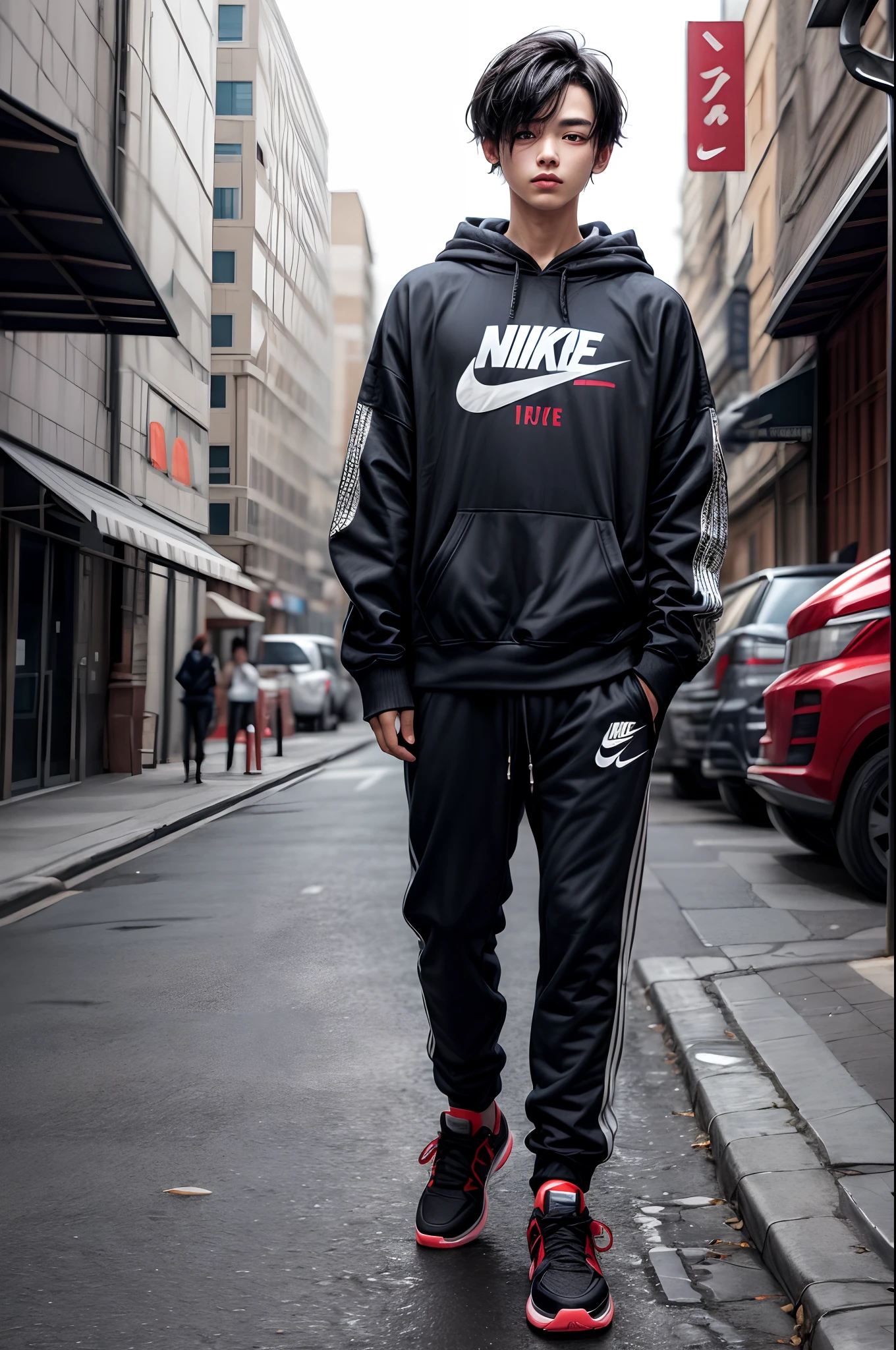 (masterpiece), (extremely intricate:1.3), (realistic), ((1girl)), ((solo)),1 boy, handsome boy, black hair, hair with comma, hair with comma on forehead, Korean hair, street style, hoodie, white background, bright, red eyes, looking at viewer, full body, Nike sneakers.