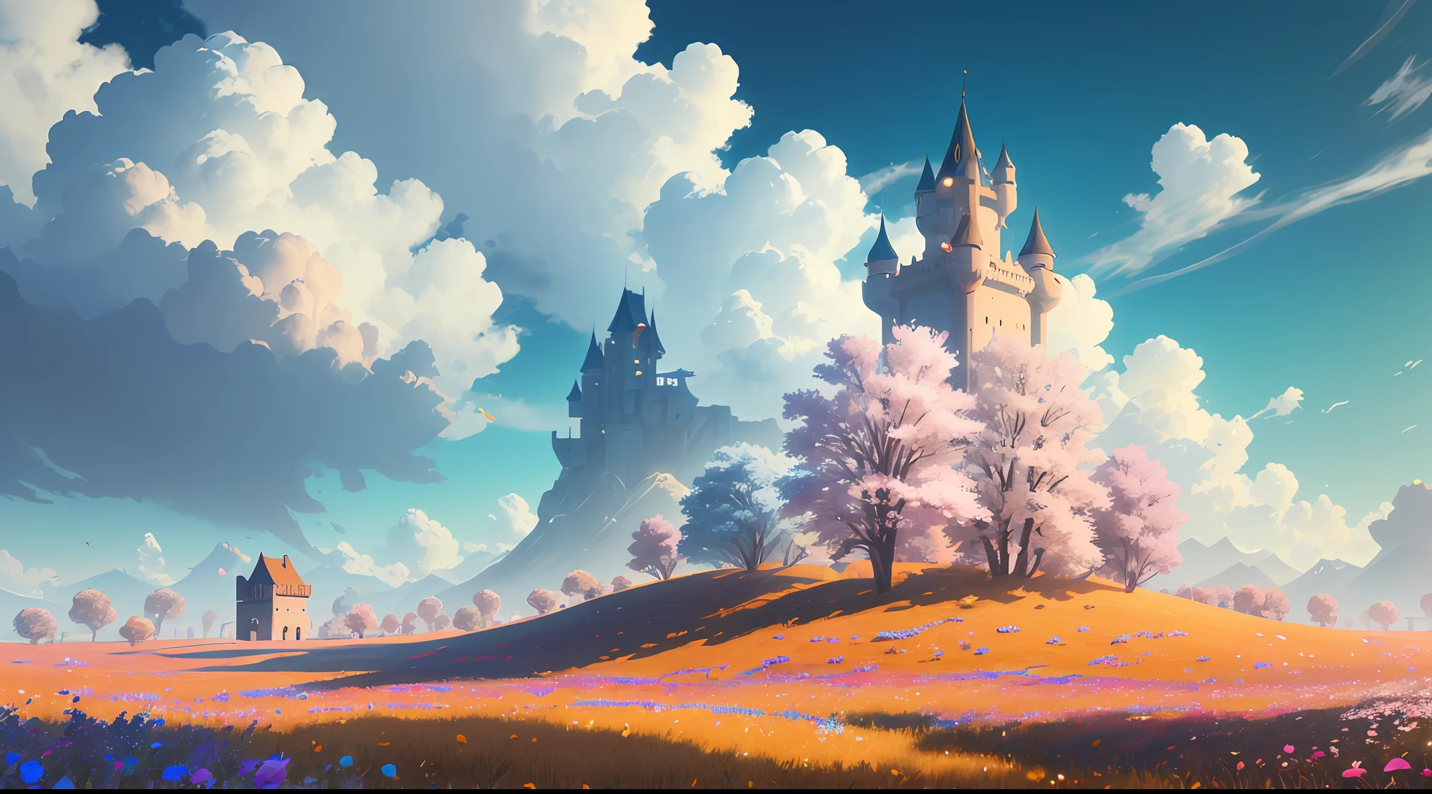 （the Extremely Detailed CG Unity 8K Wallpapers，tmasterpiece，best qualtiy，ultra - detailed），luminance+1.5，afloat，high saturated，peacful，Idyllic steppe，There is a castle in the distance，With colorful petals and leaves，Clear blue sky and white fluffy clouds。