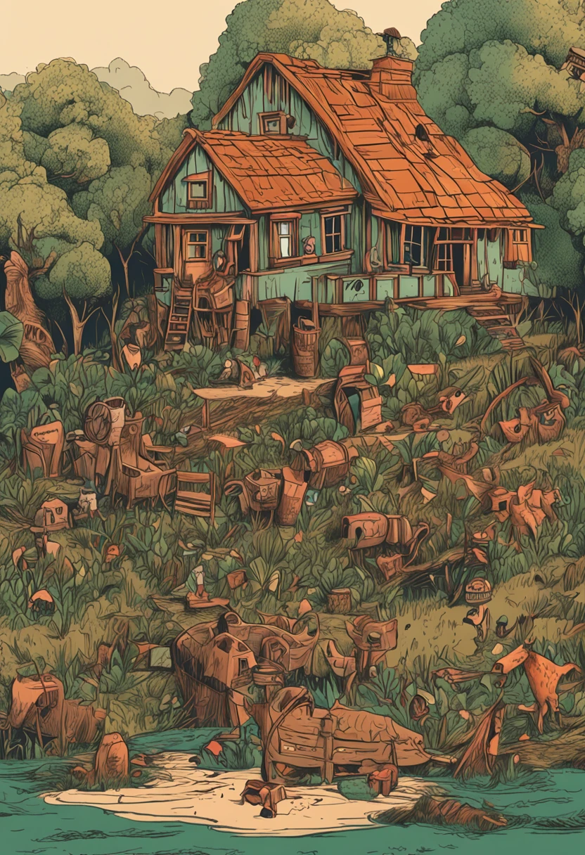 Based on the classic story "Os 3 porquinhos", crie 3 porquinhos a comunicar. Enquanto conversam, One of the brothers are building a thatched house.