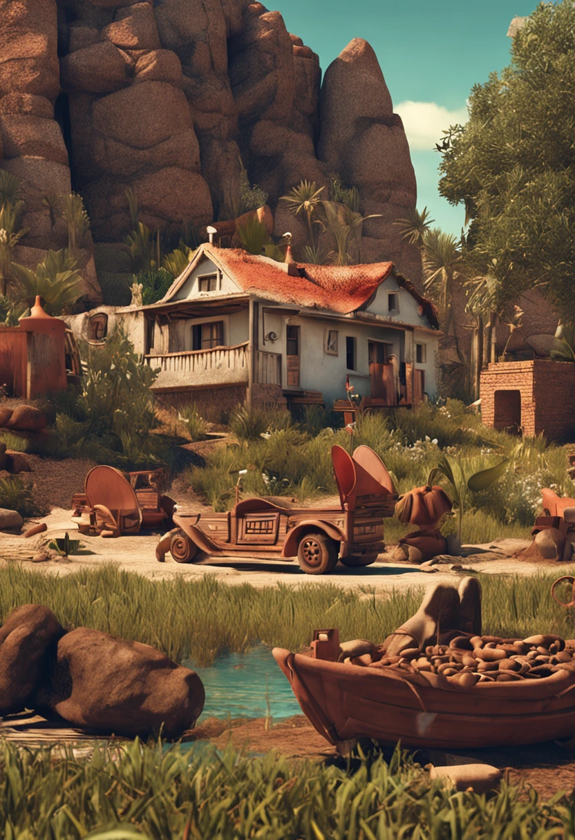 Based on the classic story "Os 3 porquinhos", crie 3 porquinhos a comunicar. Enquanto conversam, One of the brothers are building a thatched house.
