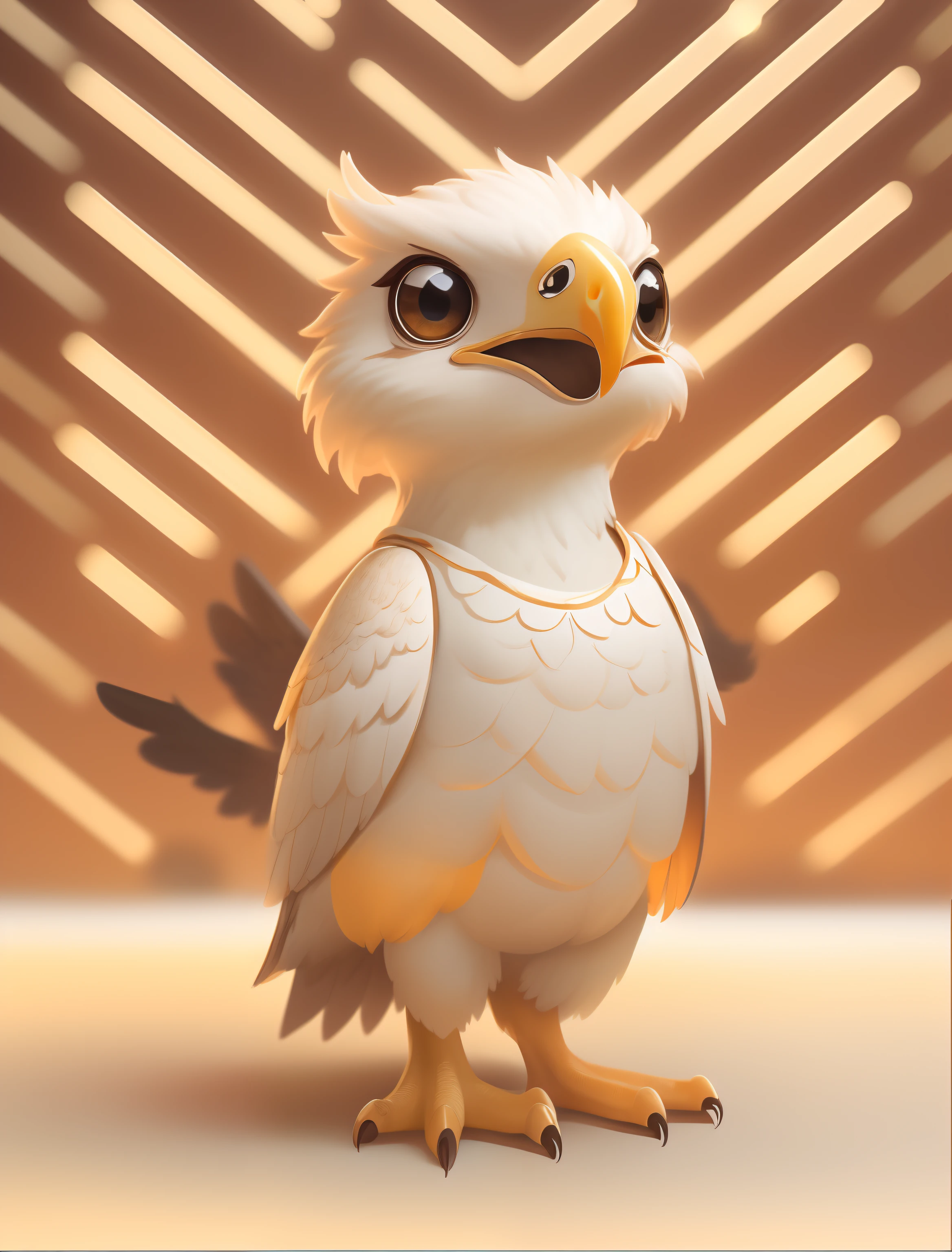 A super cute eagle with big eyes, wearing white and gold ethnic style clothing, cuteexpression, sorriso encantador, Super alto detalhe, solid color backdrop, primoroso, Efeito 3D, brinquedo caixa cega, kit garagem, super high precision, perfect lighting, renderizador OC, liquidificador, 8k, super claro, Super noise reduction --q 2 --s 450 --air 3:4 --V 5.1