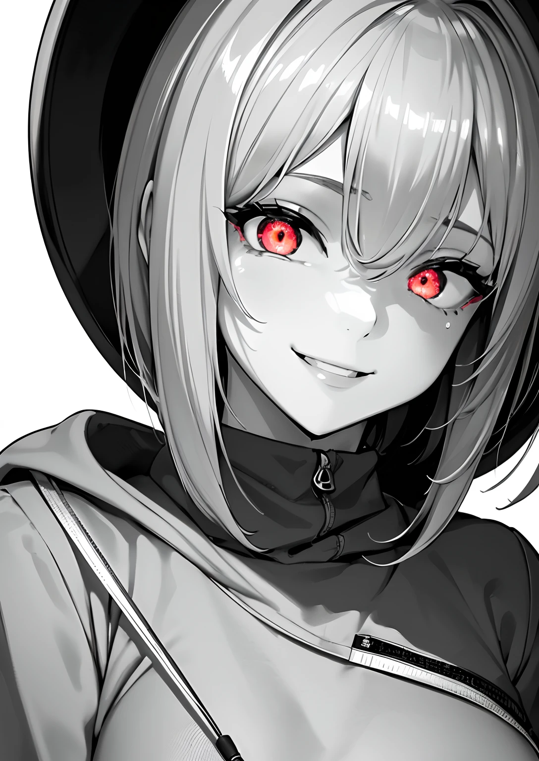 Best Quality, masutepiece,4k 8k wallpaper, 1girl in, Shorthair, Silvery hair、Hairpin, Hoodie, (((Close-up photos))), (((monochromes:1))), backgrounddigital, ((a smile)), Looking at Viewer, Glowing eyes, gloweyes, halfbody