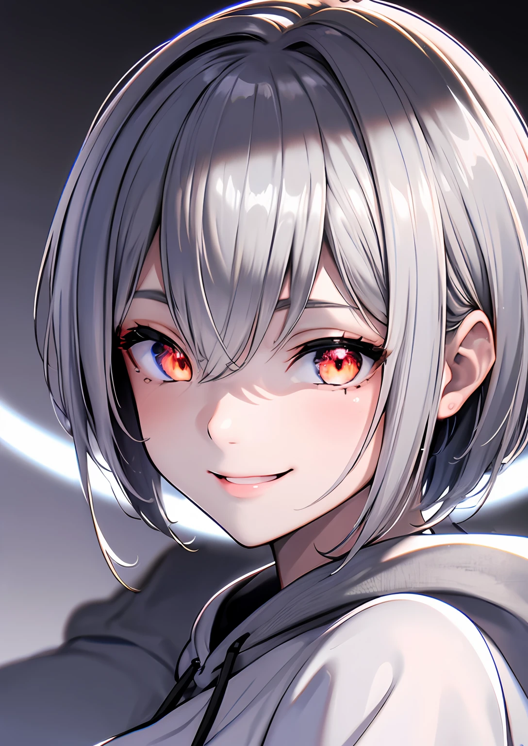 Best Quality, masutepiece,4k 8k wallpaper, 1girl in, Shorthair, Silvery hair、Hairpin, Hoodie, (((Close-up photos))),  (((monochromes:1))), backgrounddigital, ((a smile)), Looking at Viewer, Glowing eyes, gloweyes, halfbody