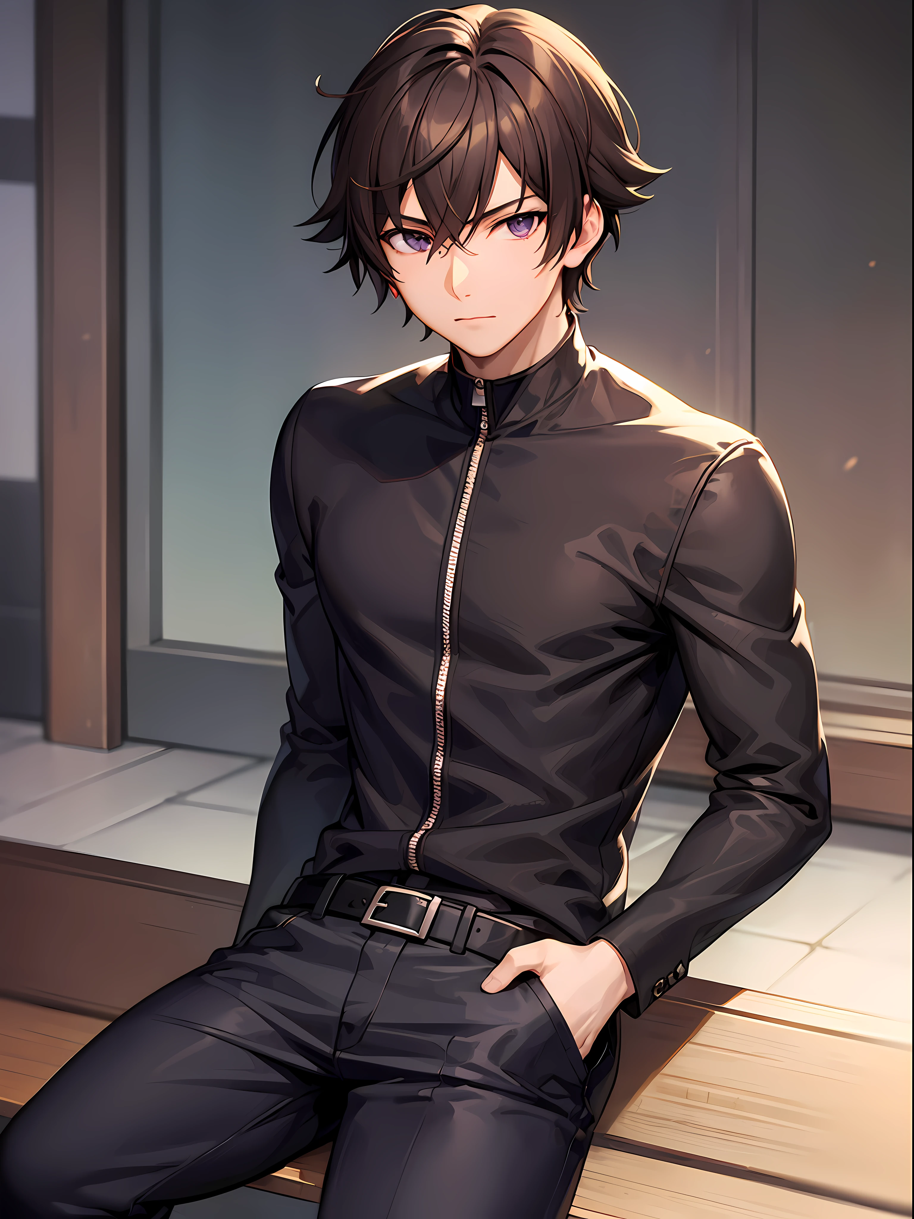 Boy with brown hair sitting on bench, Handsome Anime Pose, anime handsome guy, Smooth Anime CG Art, Anime portrait of a handsome man, young anime man, realistic anime art style, photorealistic anime, Male anime style, Anime Boy, By Shinkai Makoto. a digital rendering, artwork in the style of guweiz, Beautiful Anime Portrait, purple eyes, short hair, hair between eyes