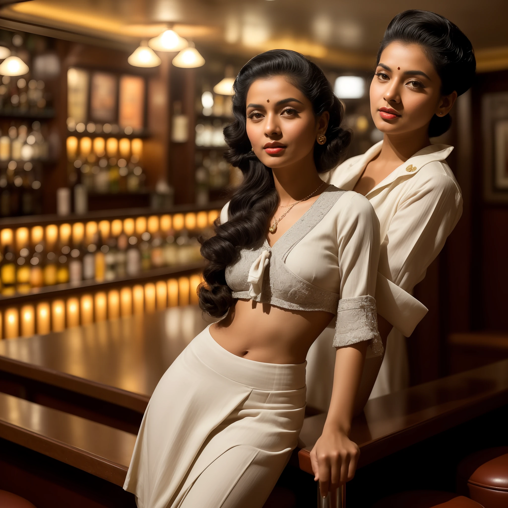 full body portrait of indian female model (styled in a 1940's, Sailor Dress, highly detailed:1.3), (highly detailed face:1.8), (1940's Pompadour Hairstyle:1.3), (slim body, small breasts, small hips:1.5), (leaning back on the bar:1.5), (background inside a dark, old, 1940's big-band bar:1.4), (soft studio lighting, volumetric shadows), JCH Street Pan, ISO 100