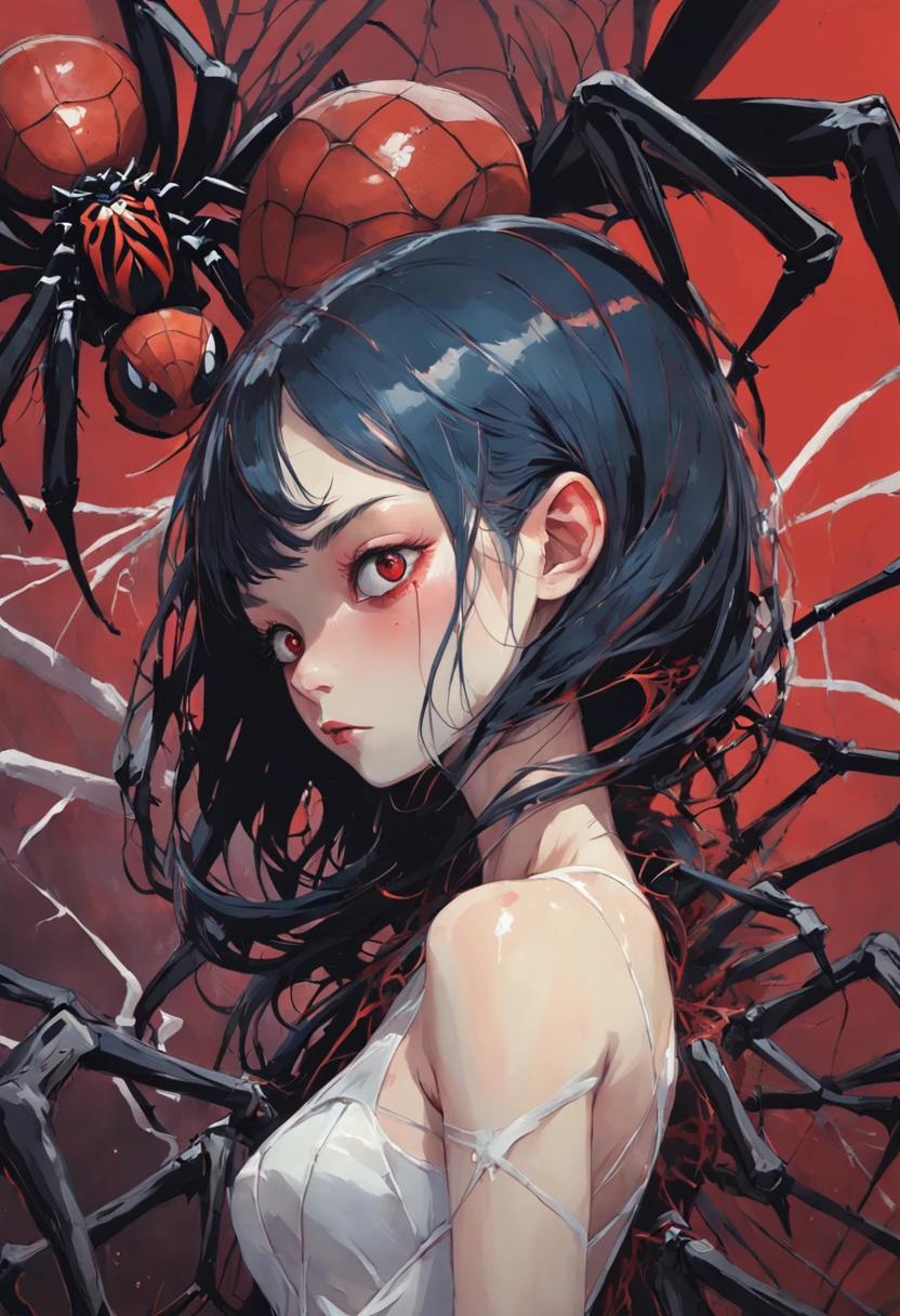A full-body anime-style illustration of a female demon with a spider body on her legs, red eyes, and a black tube top, with long, straight black hair and bangs. The background is Tokyo.