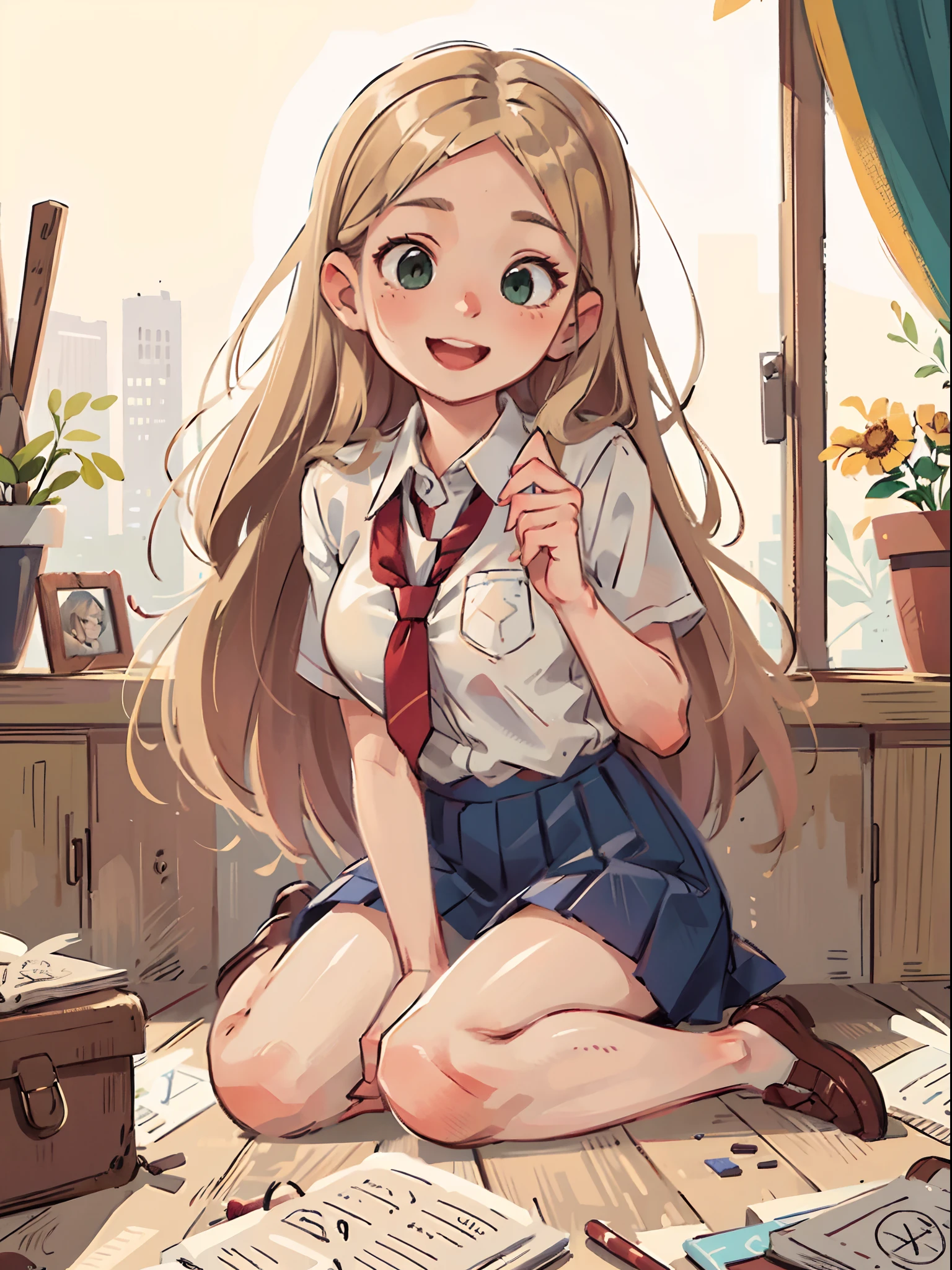 (masterpiece:1.2, best quality), (real picture, intricate details), 1lady, solo, full body, sitting, casual, long hair, minimal makeup, natural fabrics, close-up face, smile, home, long light platinum blonde hair, platinum blonde hair, long hair, bangs, Korean bangs, bangs on forehead, green eyes, big breasts, bis tits, mature body, beautiful, gorgeous, school uniform, cute school uniform, pleated skirt, school skirt, school t-shirt.