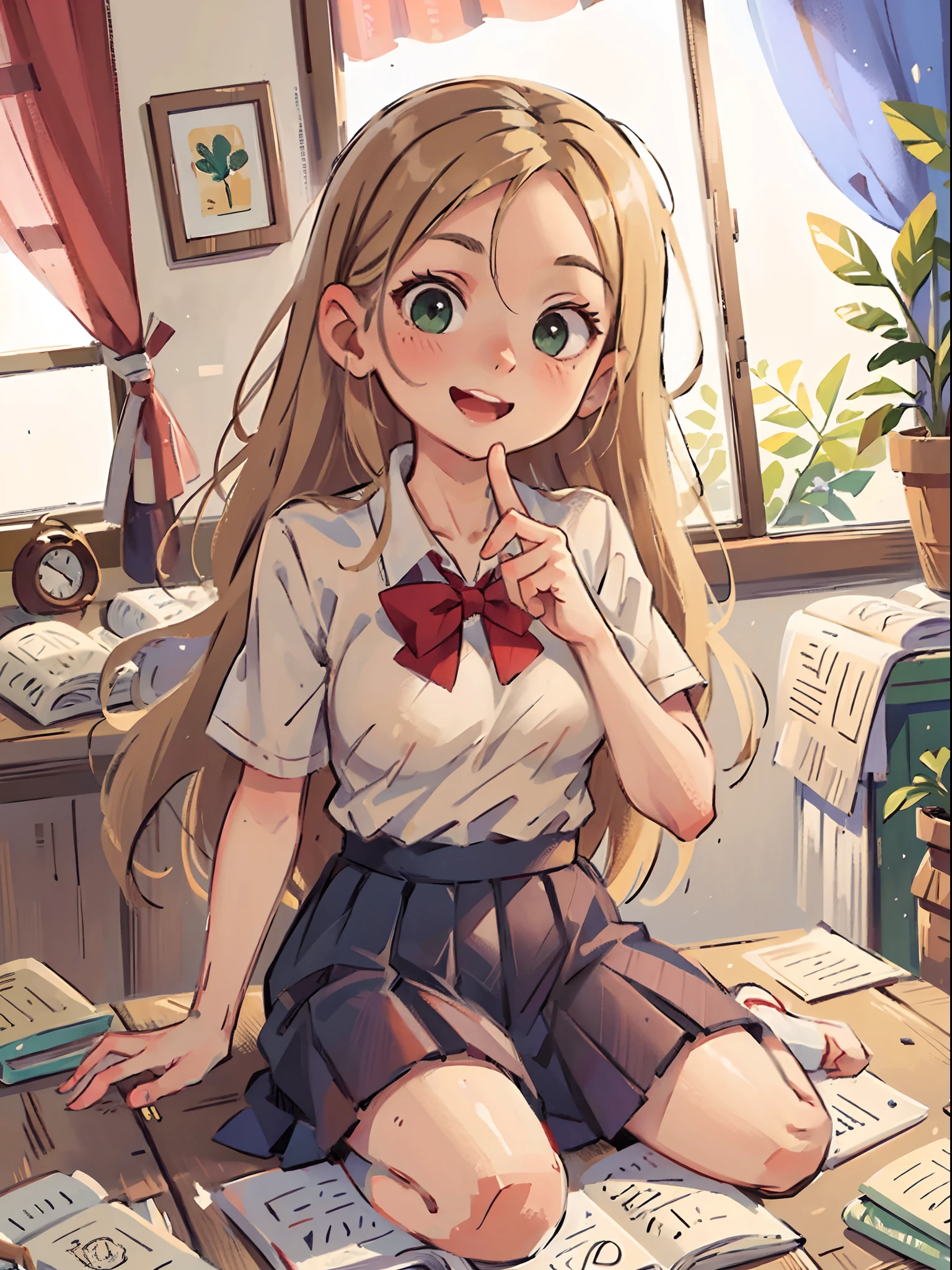 (masterpiece:1.2, best quality), (real picture, intricate details), 1lady, solo, full body, sitting, casual, long hair, minimal makeup, natural fabrics, close-up face, smile, home, long light platinum blonde hair, platinum blonde hair, long hair, bangs, Korean bangs, bangs on forehead, green eyes, big breasts, bis tits, mature body, beautiful, gorgeous, school uniform, cute school uniform, pleated skirt, school skirt, school t-shirt.