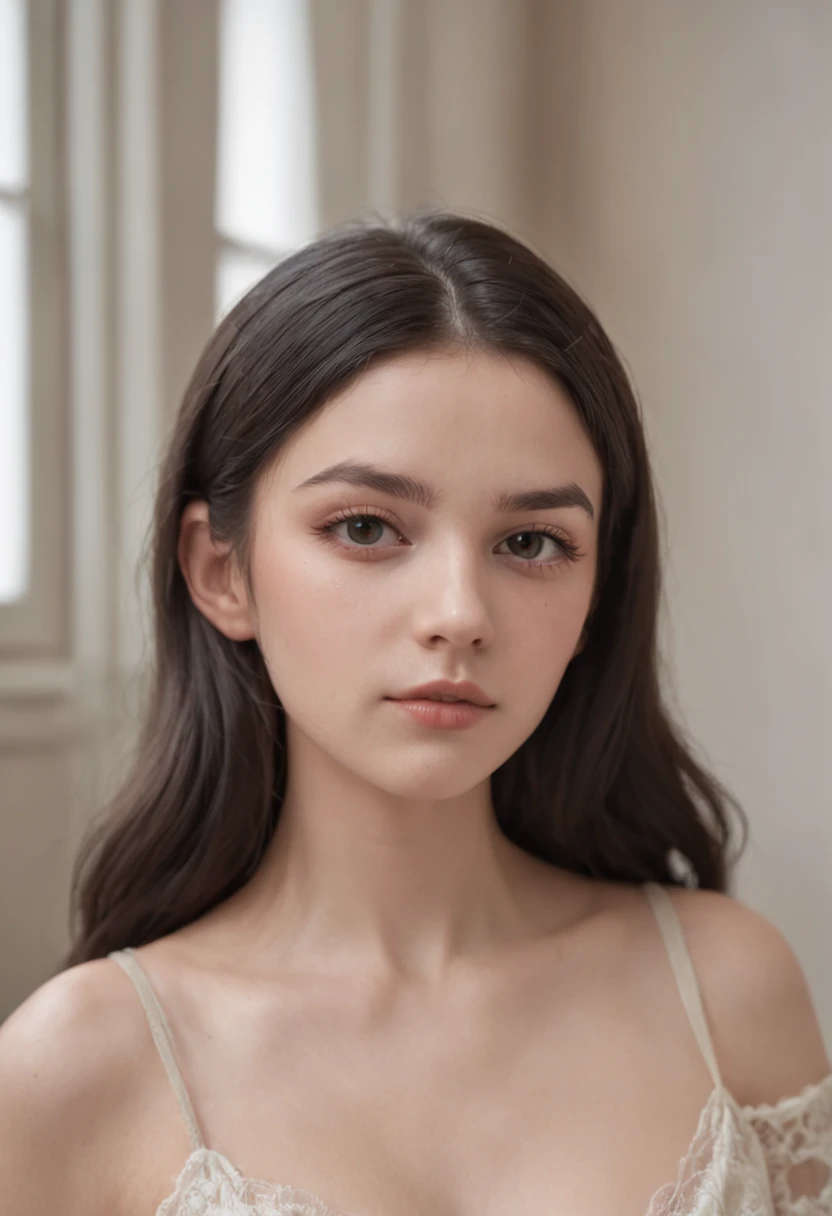 -yeld giwith dark black eyes and black hair, en crop top dans une chambre avec ecrit "morgane" sur un tableau en arriere plan.