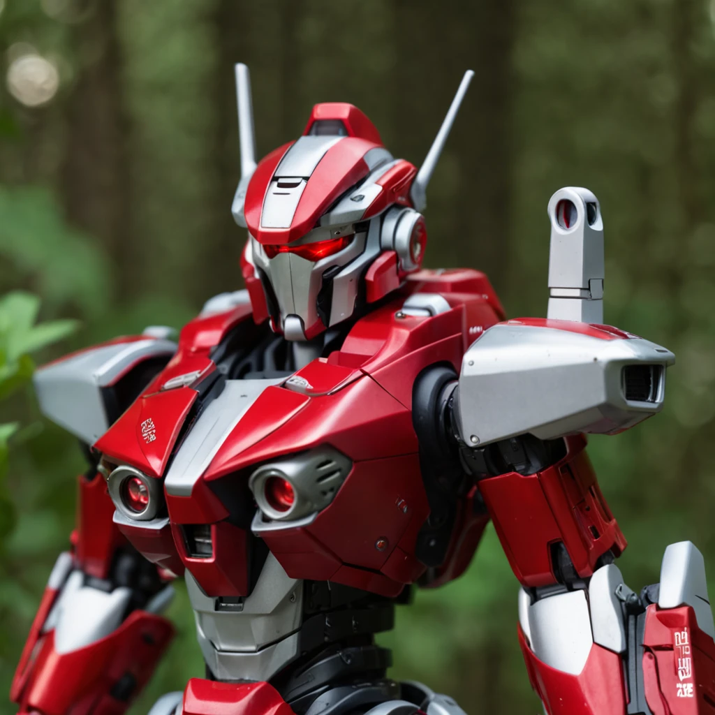 battle ready, epic, red mecha soldier with dual samurai swordsm, glowing neon X eyes, with shot gun on the side, heavy mecha armor, cybernetic, cyberpunk, colourful japanese stickers on armor, on planet venus, cinematic, volume lighting