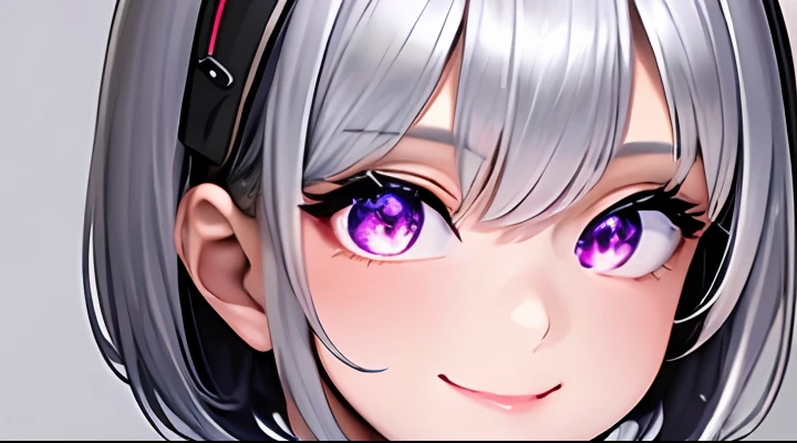Best Quality, masutepiece,4k 8k wallpaper, 1girl in, Shorthair, Silvery hair、Hairpin, Hoodie, (((Close-up photos))), Background Cyber, ((a smile)), Looking at Viewer, Glowing eyes, gloweyes, halfbody