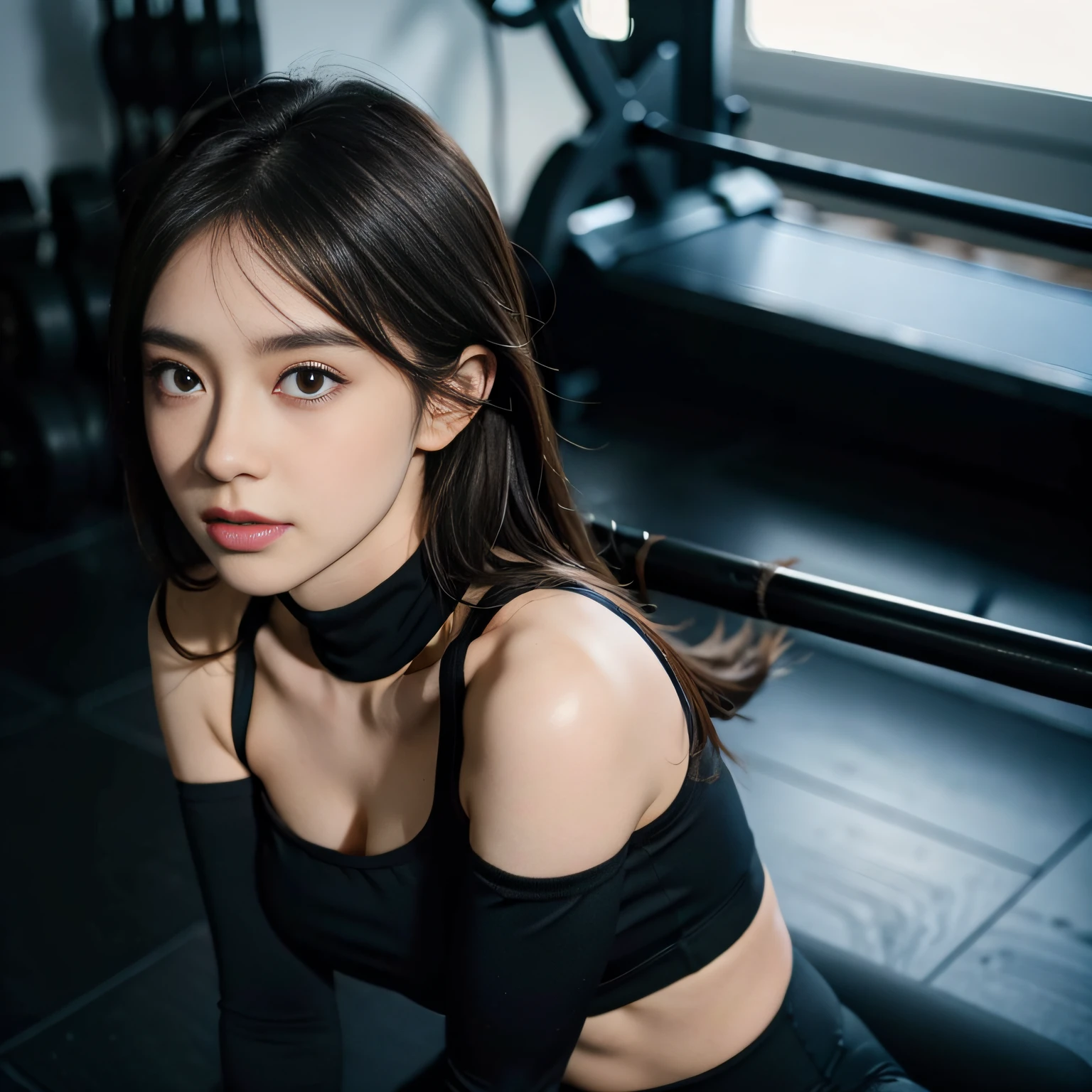 headshot, 1girl, beautiful, in a ((gym)), BREAK tight yoga pants, lace turtleneck sports bra, BREAK makeup, straight hair, pale skin, fair skin, white skin, BREAK