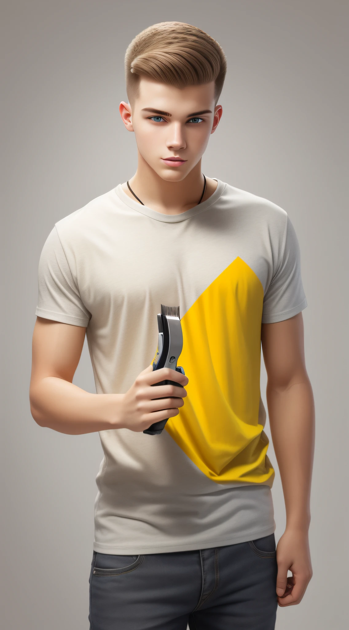 Young 20 year old Caucasian man holding a hair clipper in hands, yellow t-shirt, looking forward, gray neutral background, realistic, hd, 8k