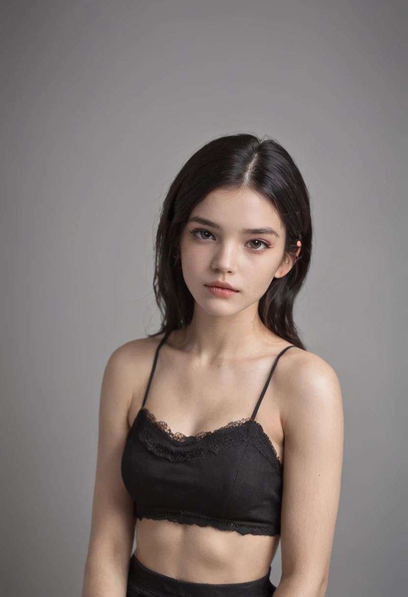 (((SAD FACE EXPRESSION)), ((NECK LACE)), ((GOTHIC BLACK EYELASHES & LIPS)), ((BLACK LIPS)), ((Very Shorthaircut)), adorable, 1 girl, (face to face), , baby face, happy, half body portrait, (face details: 1), (eye details: 1), ((tiny breasts)). ((croptank latch)), ((net stockings)), lingerie, ((naked pink)).