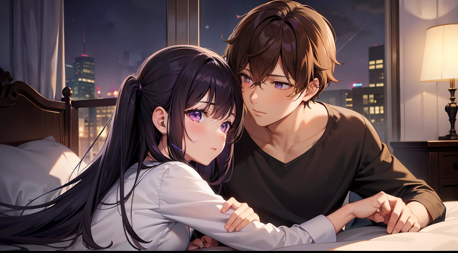 styles, masterpiece, top-quality, Special details, illustratio, Romance, a couple,tenderness, inner strength,a bed,natta, At night,Atmosphere of love bliss, Girl brown hair, Purple eyes, poneyTail, a couple, date, Profile of a man with black hair,Purple eyes,