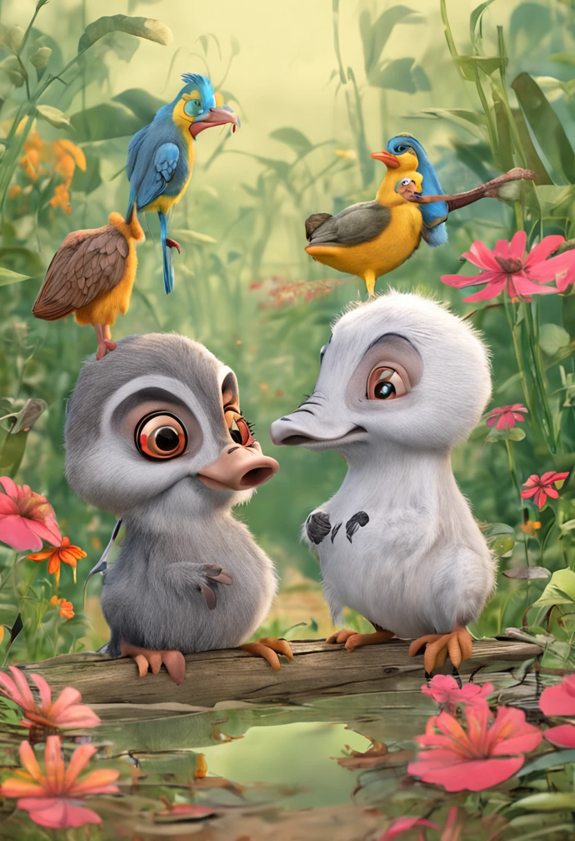 3 animais porcos a conversar. Em desenho animado fofo.