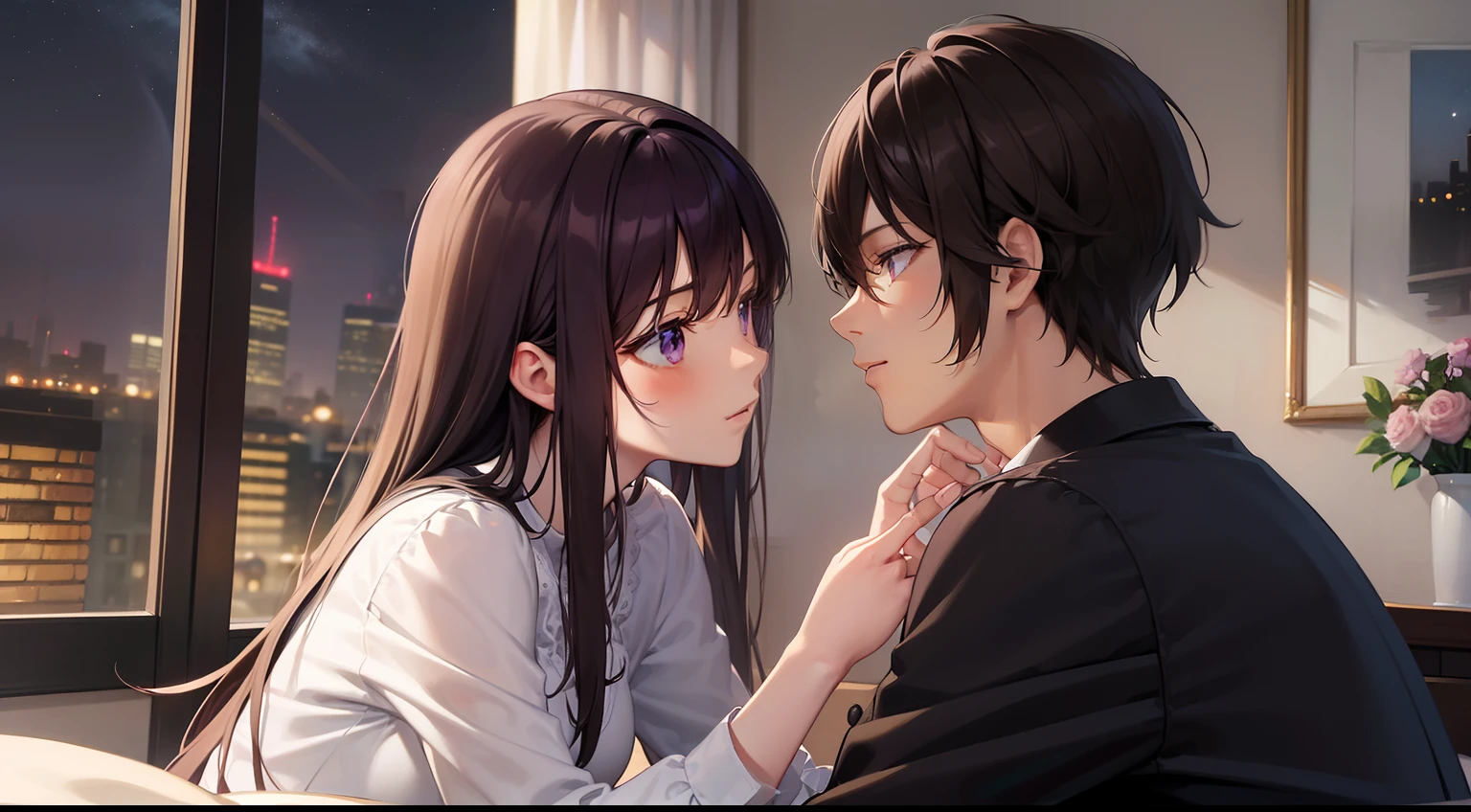 styles, masterpiece, top-quality, Special details, illustratio, Romance, a couple,tenderness, inner strength,a bed,natta, At night,Atmosphere of love bliss, Girl brown hair, Purple eyes, poneyTail, a couple, date, Profile of a man with black hair,Purple eyes,