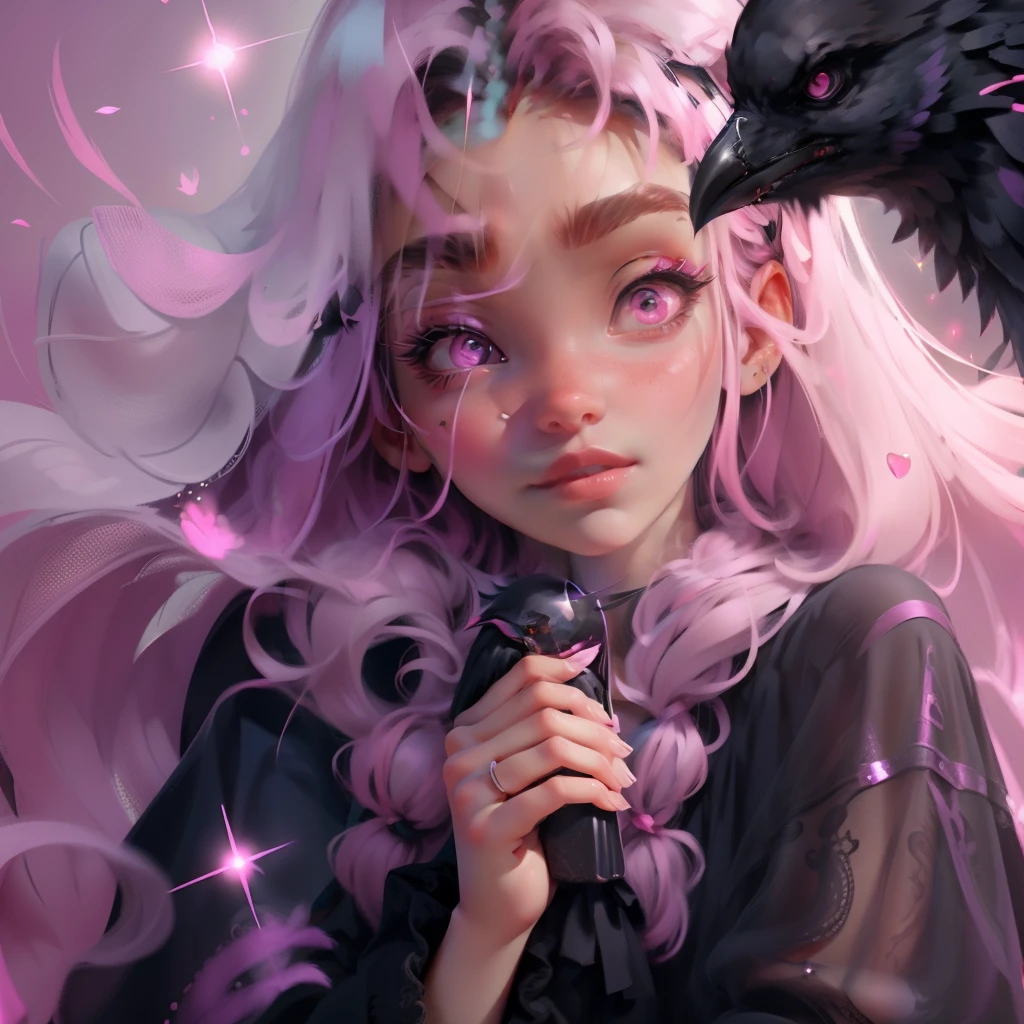 pretty face, long hair, dark 🌑 pink 🩷 theme, holding a raven, cute face, sparkling simple make up, sparkling pink black lips, pretty eyes, sparkling pictures, high quality pictures, full body pictures