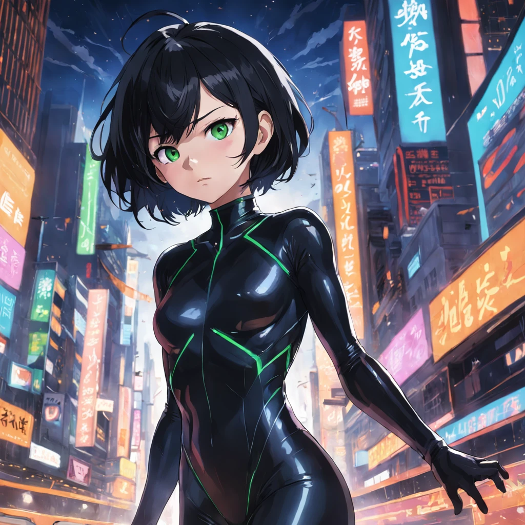 1girl, short black hair, green eyes, wearing skin tight suit, black shorts, city, absurdres, high res, ultrasharp, 8K, masterpiece, looking at viewer, wearing black mask