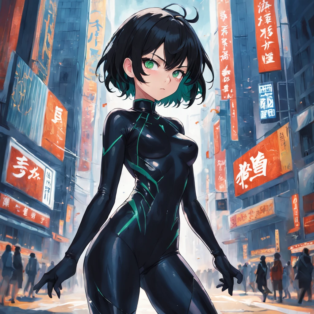 1girl, short black hair, green eyes, wearing skin tight suit, black shorts, city, absurdres, high res, ultrasharp, 8K, masterpiece, looking at viewer, wearing black mask