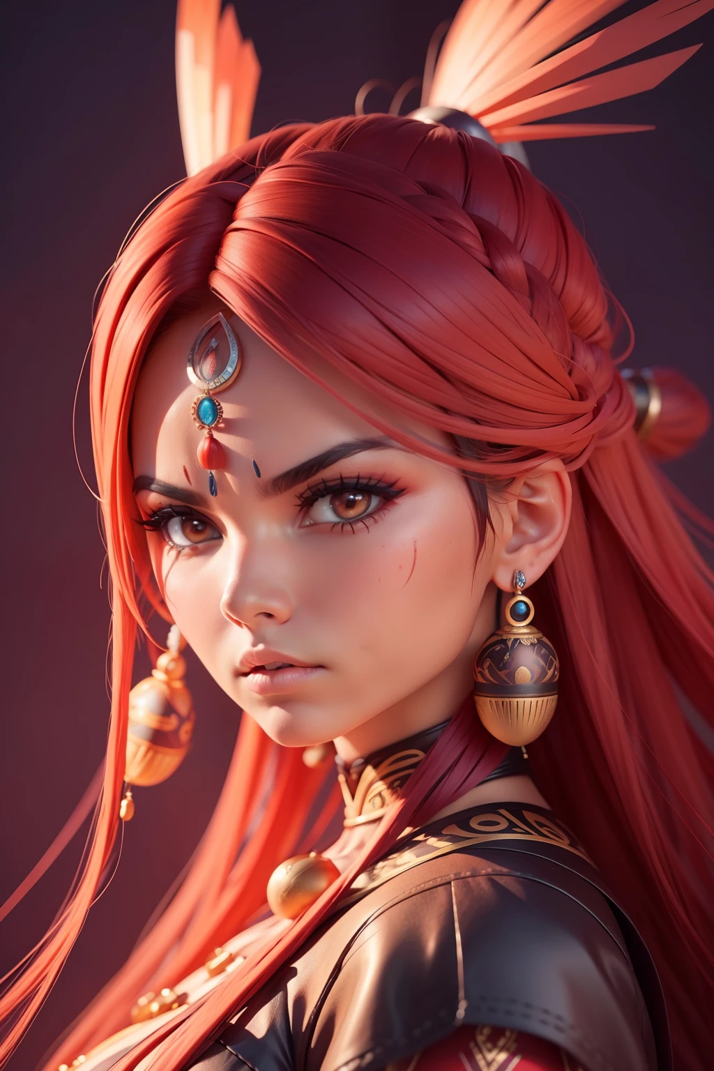 A beautiful angry indigenous woman, cabelos vermelhos longos , rosto muito bonito, imagem alto detalhe, simetria, Arte de Fantasia,fundo luminoso,alta qualidade.fantasia