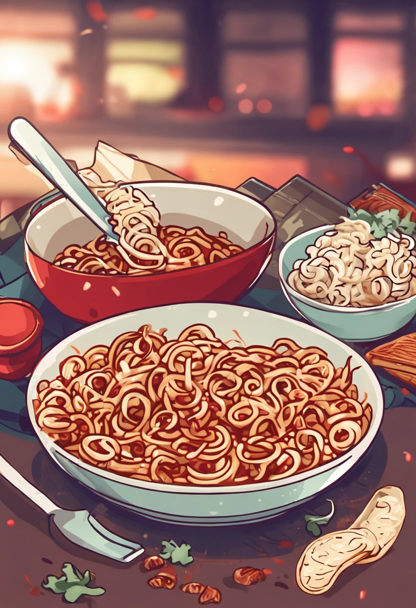 Create an image of instant noodles with sausage cut into slices