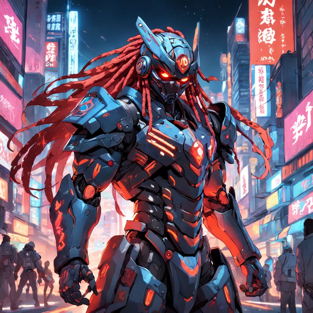 battle ready, epic, african american man cyborg soldier with dual samurai sword, red long dreadlocks, glowing neon X eyes, with shot gun on the side, heavy mecha armor, cybernetic, cyberpunk, colourful japanese stickers on armor, on planet venus, cinematic, volume lighting
