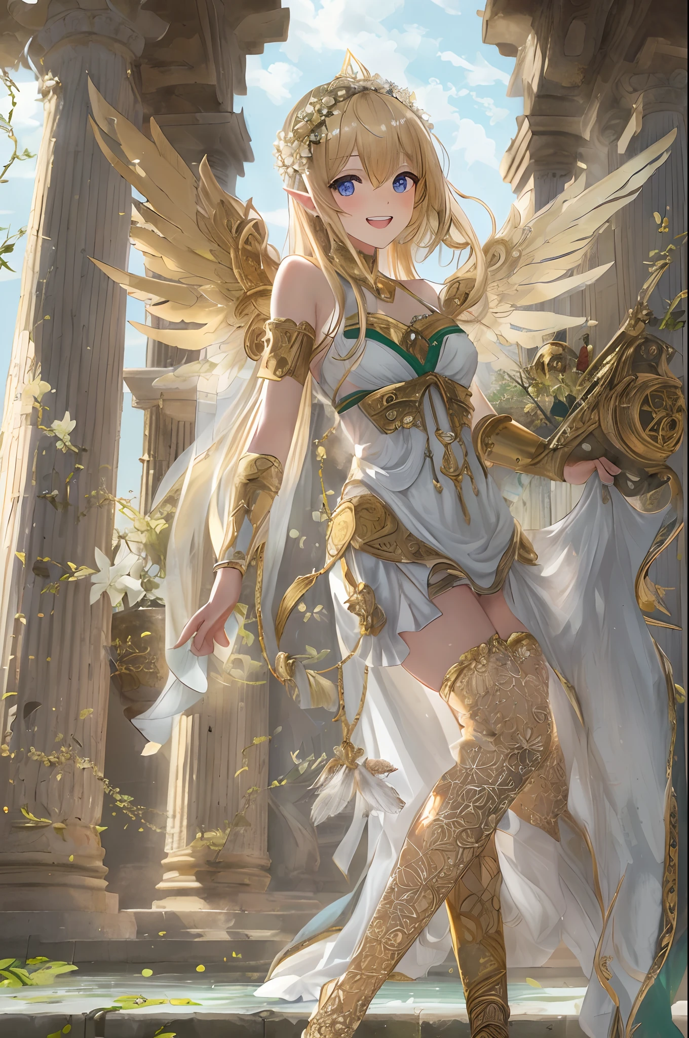((masutepiece)), Best Quality, Highly detailed,depth of fields,Highly detailed CG Unity 8K wallpaper,Illustration,((beautifull detailed face)),
1girl in,(Lori,aged down,A ), Cute,(Bare shoulders), (depth of fields),Blonde hair,medium breasts, Beautiful detailed eyes, Cute, Shiny skin, Shiny hair,Blue eyes,(pointy ear),((Body Veil)),Long hair,Roman clothing,greek clothes,(((White peplos))),Bangs,Wreath of laurel head,Halo,cleavage,Bracer,((Feathered mechanical wings)),Bare legs,Gold Footwear,gold trim,harem outfit,laurels,Navel,Thigh strap,
Volumetric lighting,good lighting,Detailed mystical background,Sunlight,plant,Lily,white blossoms,visible through hair, hairs between eyes,grin, smug,Naughty face,Open mouth,Evil smile, tusk,full-face blush,(roman architecture), ((Oiled)),Reflecting water ripples,(((white knee highs))),(Underwear only), masutepiece, Best Quality,, {{{Best Quality}}},(((ultra-detailliert ))), {{{High resolution illustration}}},{{{{{{{{{{{{masutepiece}}}}}}}}}}}},,High quality, hight resolution, side lights, {Intricate details},Anime_Style,, masutepiece, Best Quality, game_nffsw, ((master piece)),(8K_nffsw_Wallpaper), ((illustrationbest)), Best Quality,hight resolution,((master piece)),(8K_nffsw_Wallpaper),Illustration, Illustration, anime screen cap,absurderes, ultra-detailliert, intricate detailes, Highly detailed,Cinematic Light, depth of fields, Perfect, (((masutepiece))), ((Best Quality)),