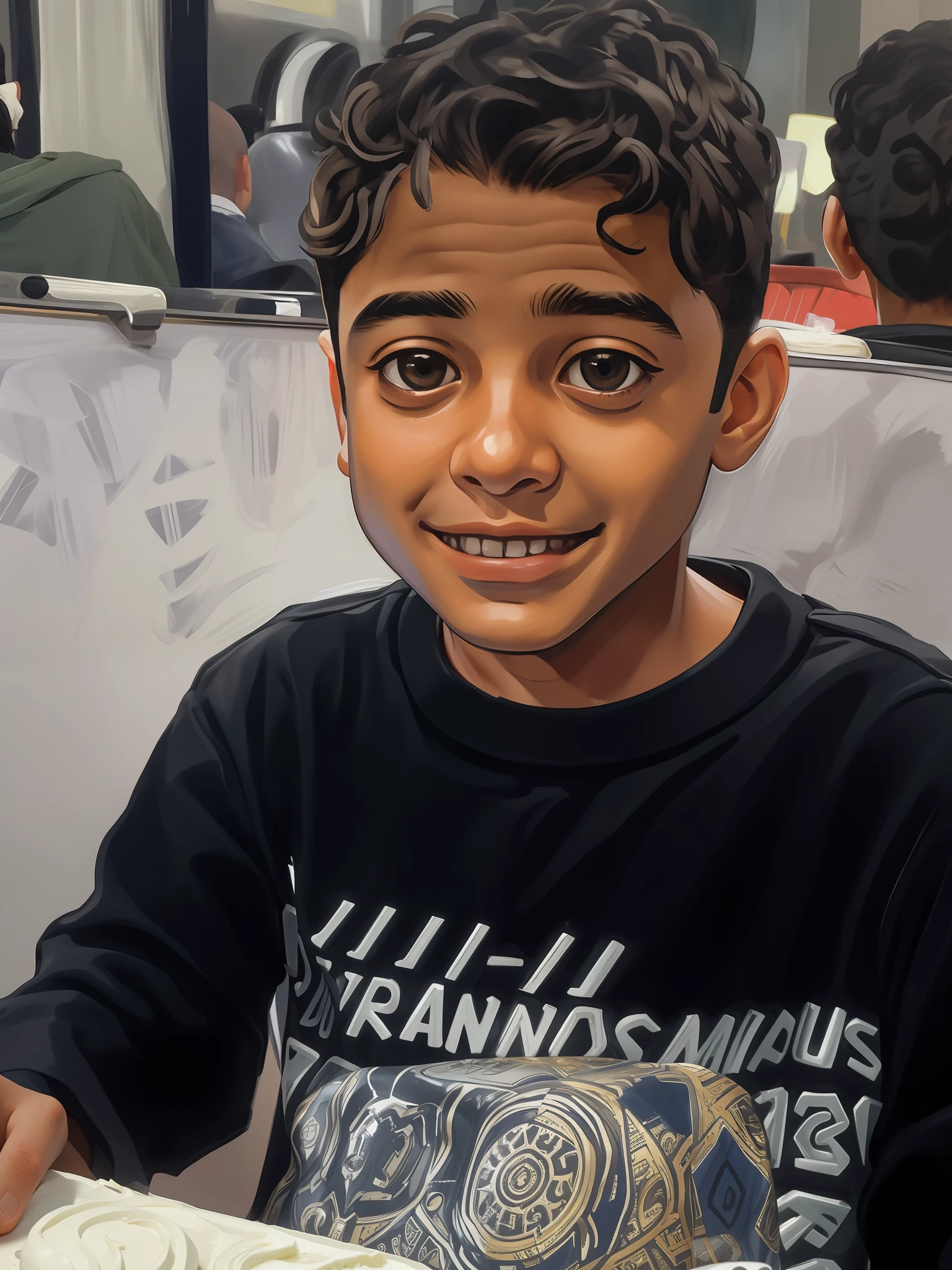 There's a Full SMILE boy sitting at a table with a piece of cake, menino tem cabelo preto curto, Riyahd Cassiem, menino com rosto neutro, taken in the early 2020s, curly middle part haircut, curls on top of his head, quatro anos, menino novo, 4 anos de idade, Young Child, olhando para o lado dele