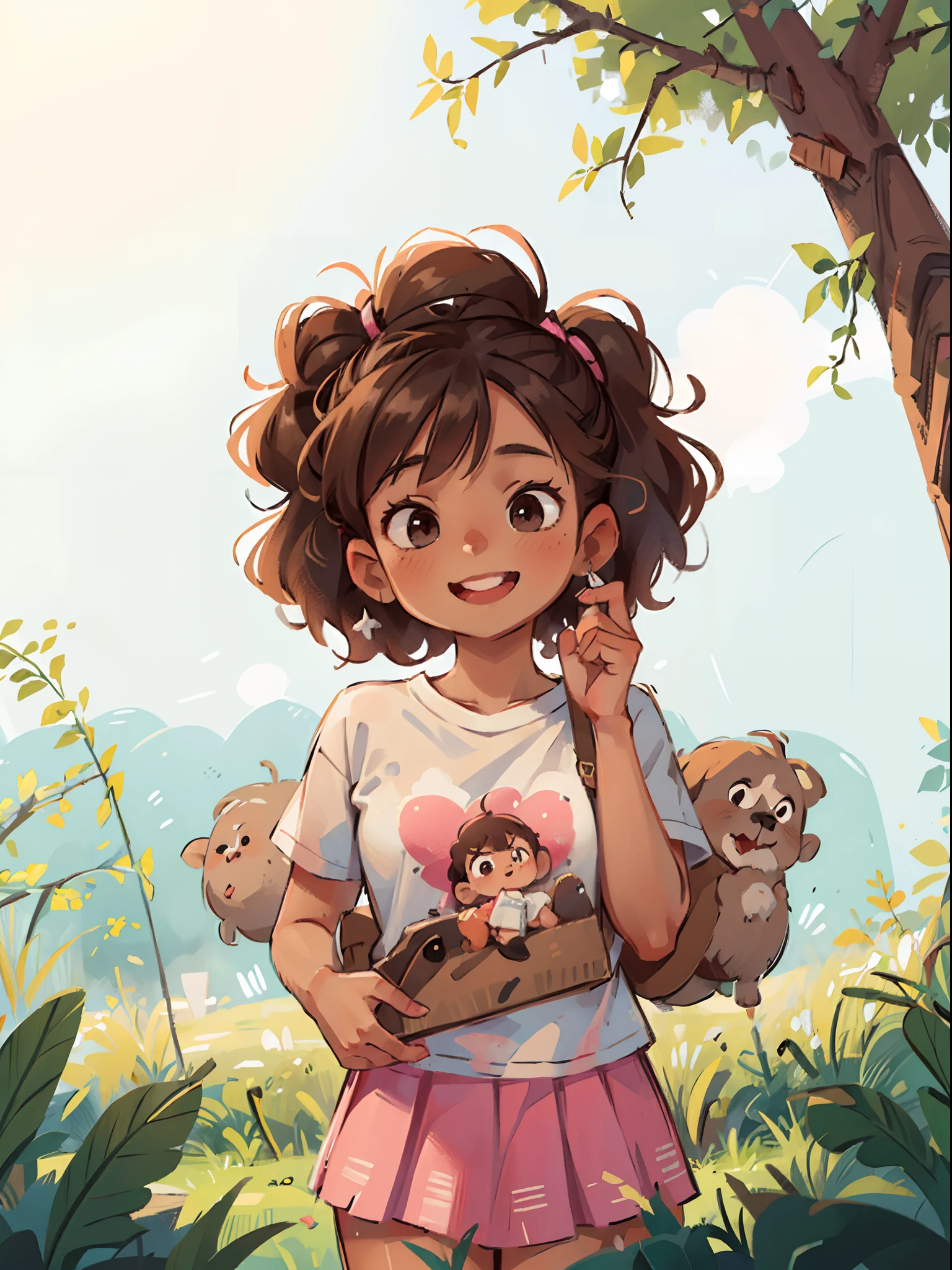 (masterpiece:1.2, best quality), (real picture, intricate details), 1lady, solo, upper body, casual, long fluffy hair, minimal makeup, natural fabrics, close-up face, smile, swamp, forest settings, Anne Boonchuy, Amphibia, teen girl, 14 years old, Thai-American teenage girl, light brown skin, messy auburn hair, short auburn hair, short fluffly hair, dark brown eyes, school uniform, school t-shirt, white t-shirt, pleated skirt, pink pleated skirt, pink school skirt, Thai girl, dark skin, tan skin, light brown skin colour, dark skin colour, dark tan, light brown skin, curly hair, afro hair, short fluffly afro hair, auburn curly hair, curly hair, curly, pink skirt, PINK skirt, DARK skin, dark skin colour, light black skin, tan