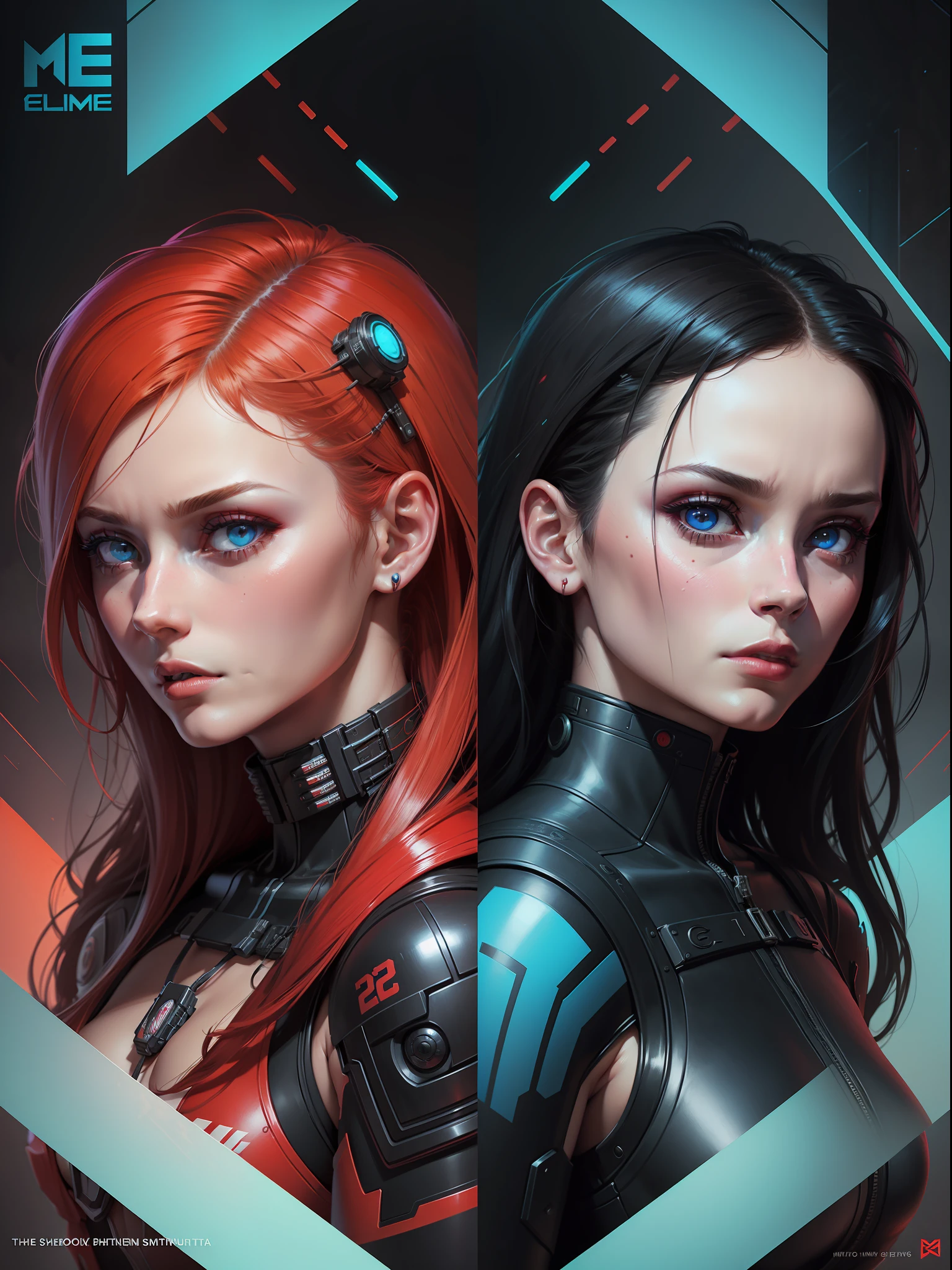 The cover art of the book by el cme, in the style of cyberpunk imagery, erik jones, serene faces, zbrush, red and azure, mechanical realism, figura serpentinata