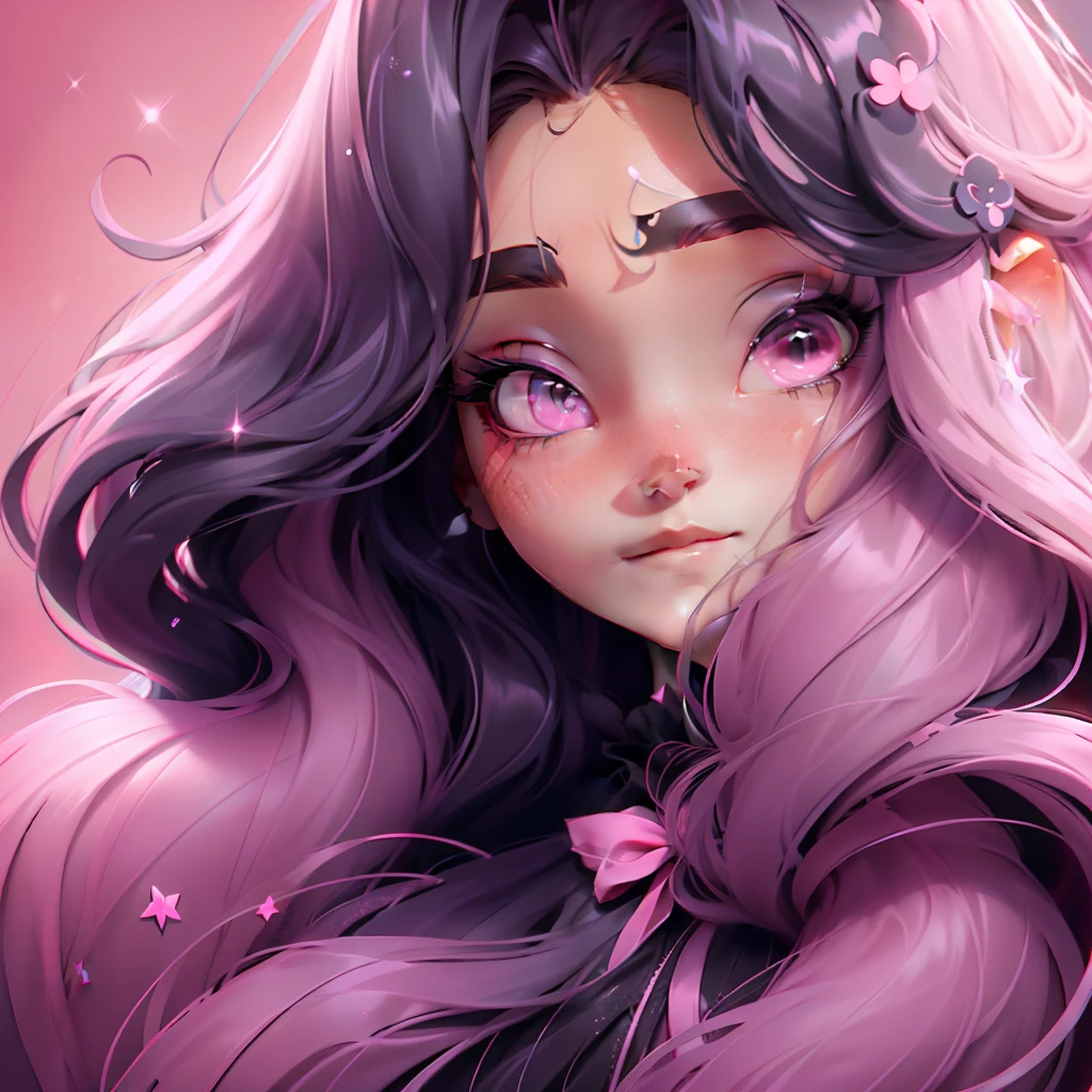 pretty face, long hair, dark 🌑 pink 🩷 theme, holding a raven, cute face, sparkling simple make up, sparkling pink black lips, pretty eyes, sparkling pictures, high quality pictures, full body pictures