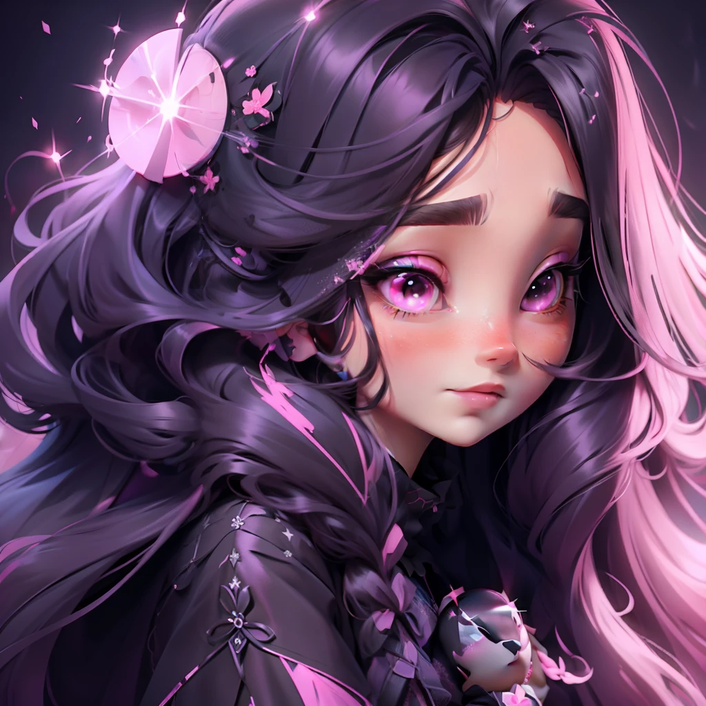 pretty face, long hair, dark 🌑 pink 🩷 theme, holding a raven, cute face, sparkling simple make up, sparkling pink black lips, pretty eyes, sparkling pictures, high quality pictures, full body pictures