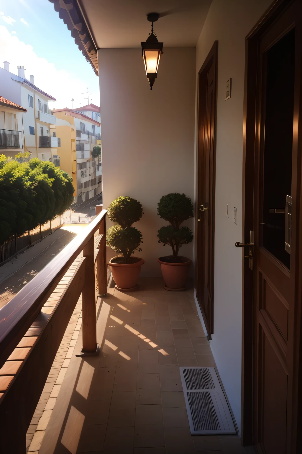 a balcony with a brown metal railing, sol da tarde, mid morning lighting, luz solar do meio-dia, nice afternoon lighting, Hora do dia ensolarado, Afternoon lighting, perfect crisp sunlight, luz natural no exterior, luz solar forte, excelente luz e sombras, retroiluminado, visto de cima, sol no final da tarde, luz solar intensa, sol da tarde, bela luz solar e sombras